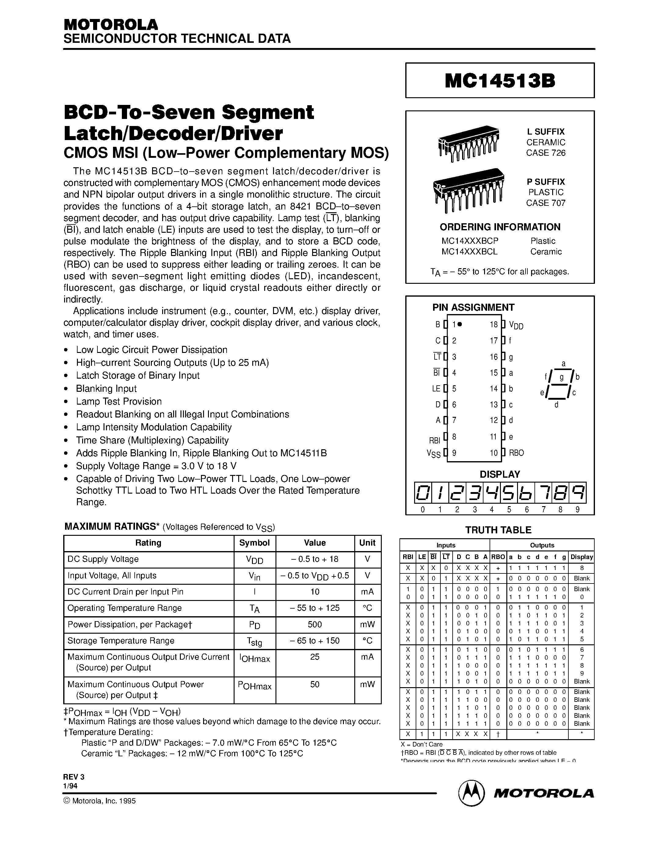 Даташит MC14513B - BCD-To-Seven Segment Latch/Decoder/Driver страница 1