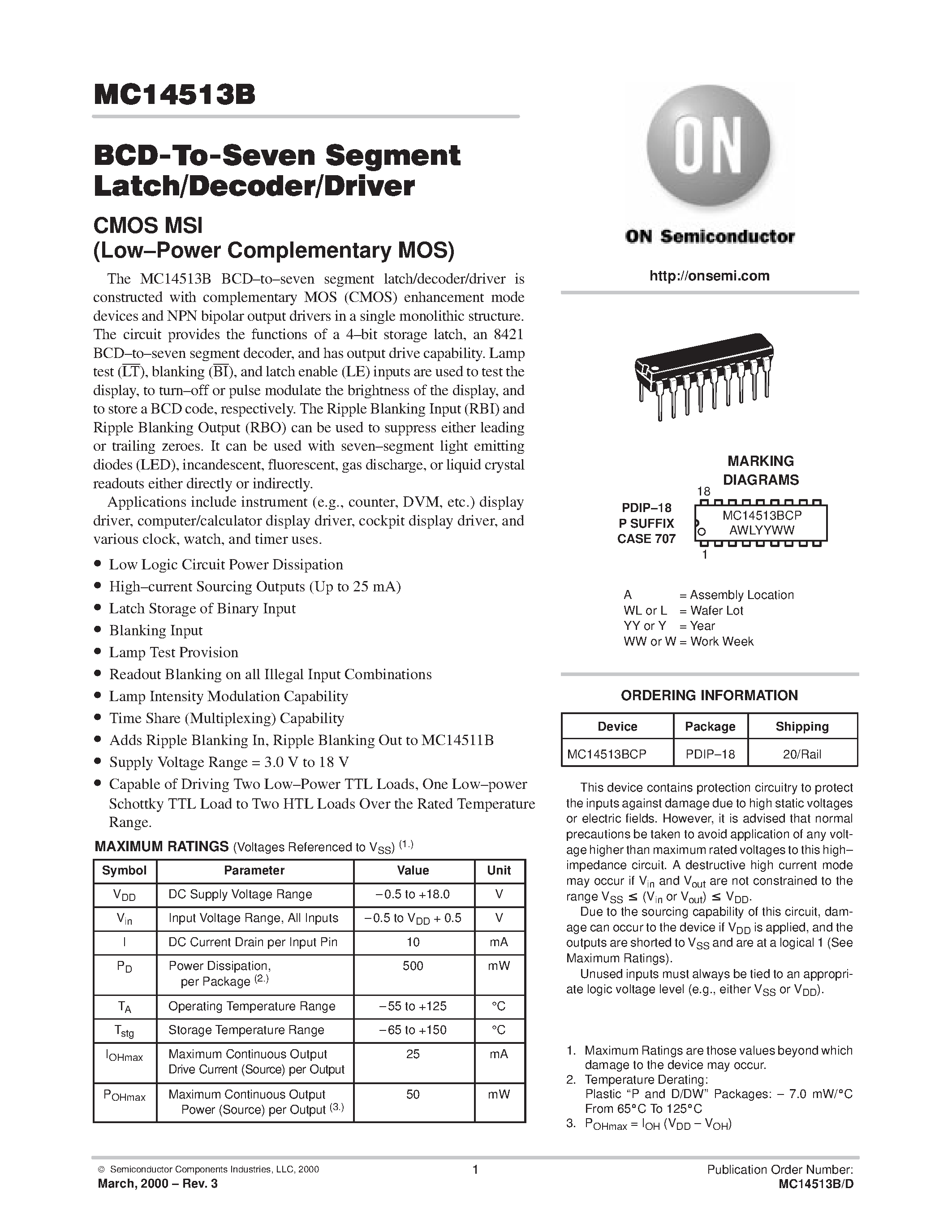 Даташит MC14513B - BCD-To-Seven Segment Latch/Decoder/Driver страница 1