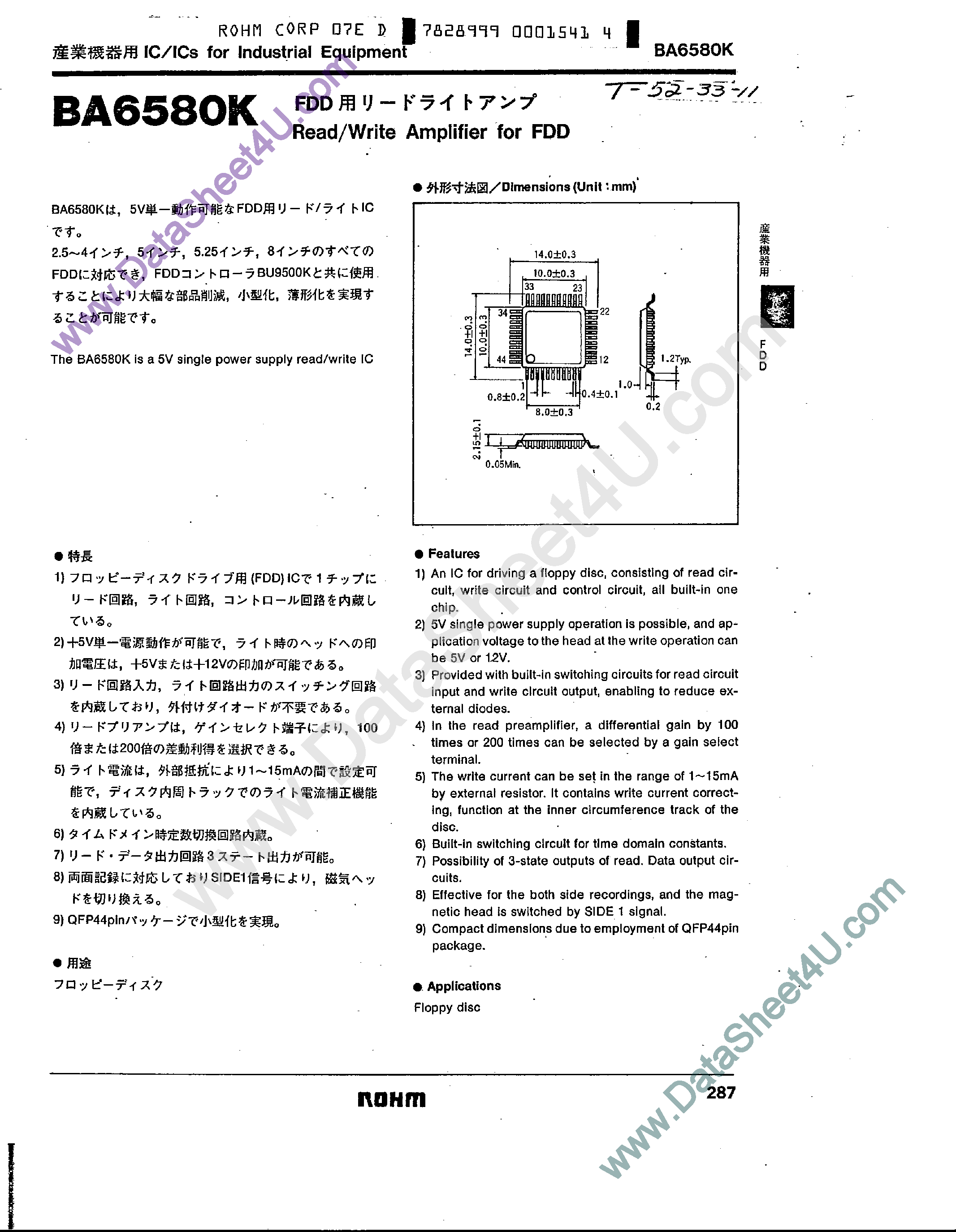 Datasheet BA6580K - Read/Write Amplifier for FDD page 1