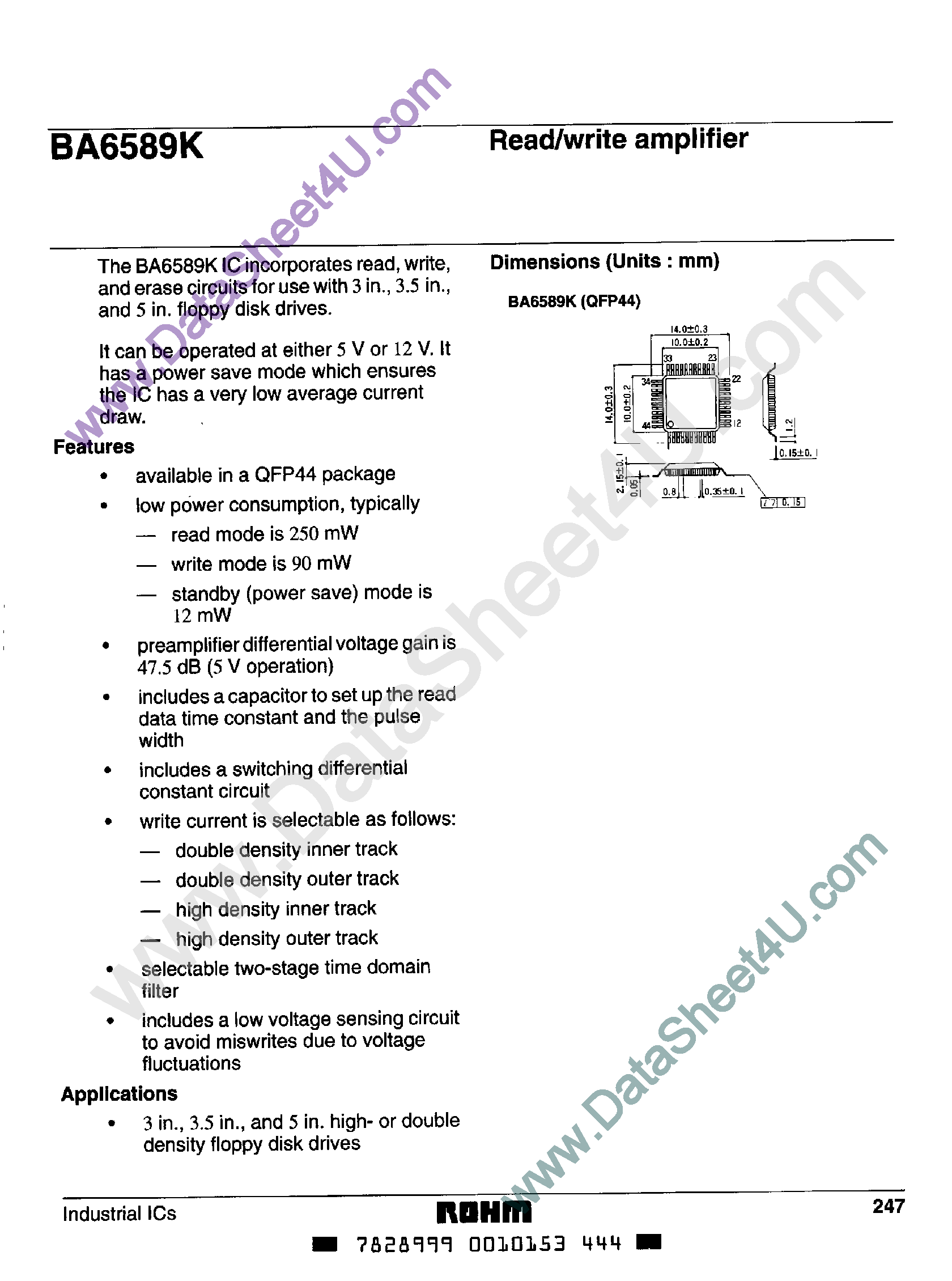 Datasheet BA6589K - Read/Write Amplifier for FDD page 1