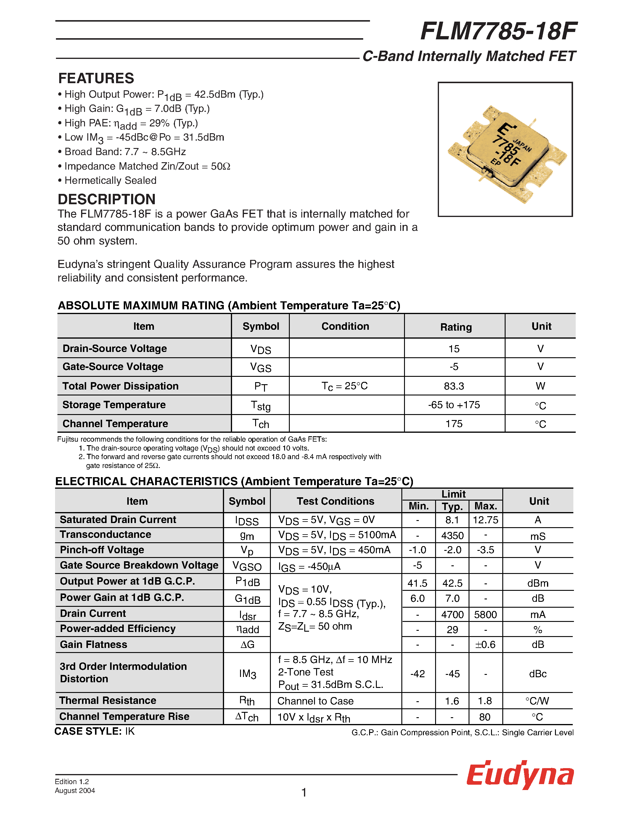 Datasheet FLM7785-18F - C-Band Internally Matched FET page 1