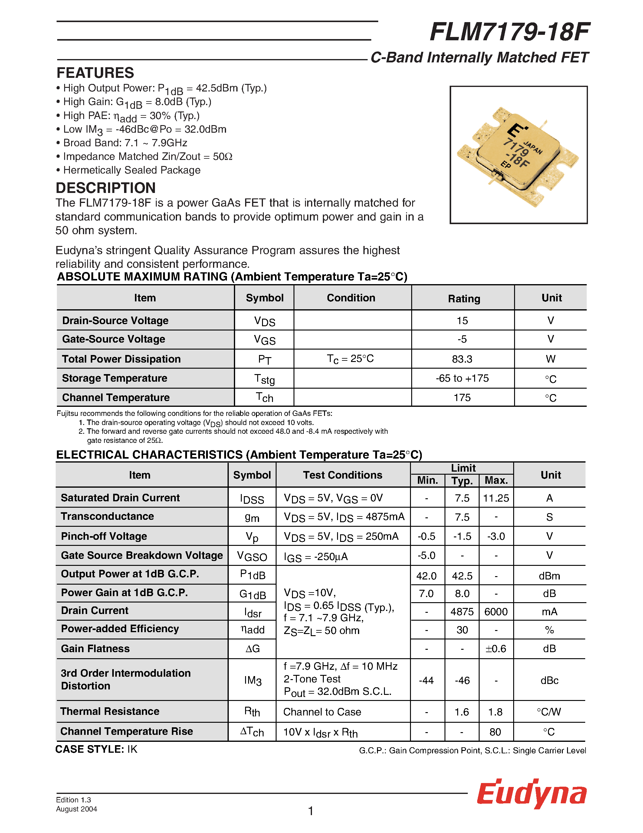 Datasheet FLM7179-18F - C-Band Internally Matched FET page 1