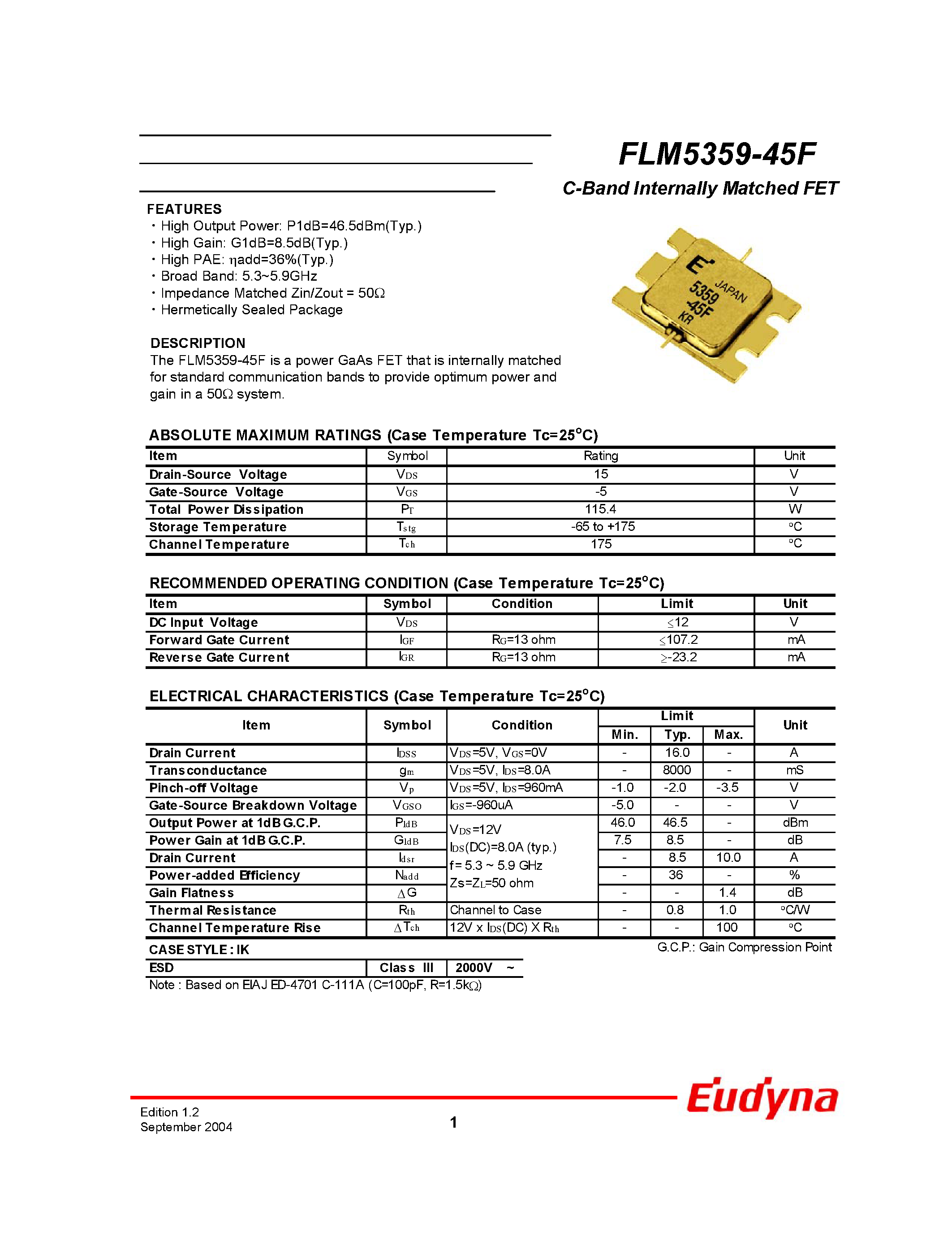 Datasheet FLM5359-45F - C-Band Internally Matched FET page 1