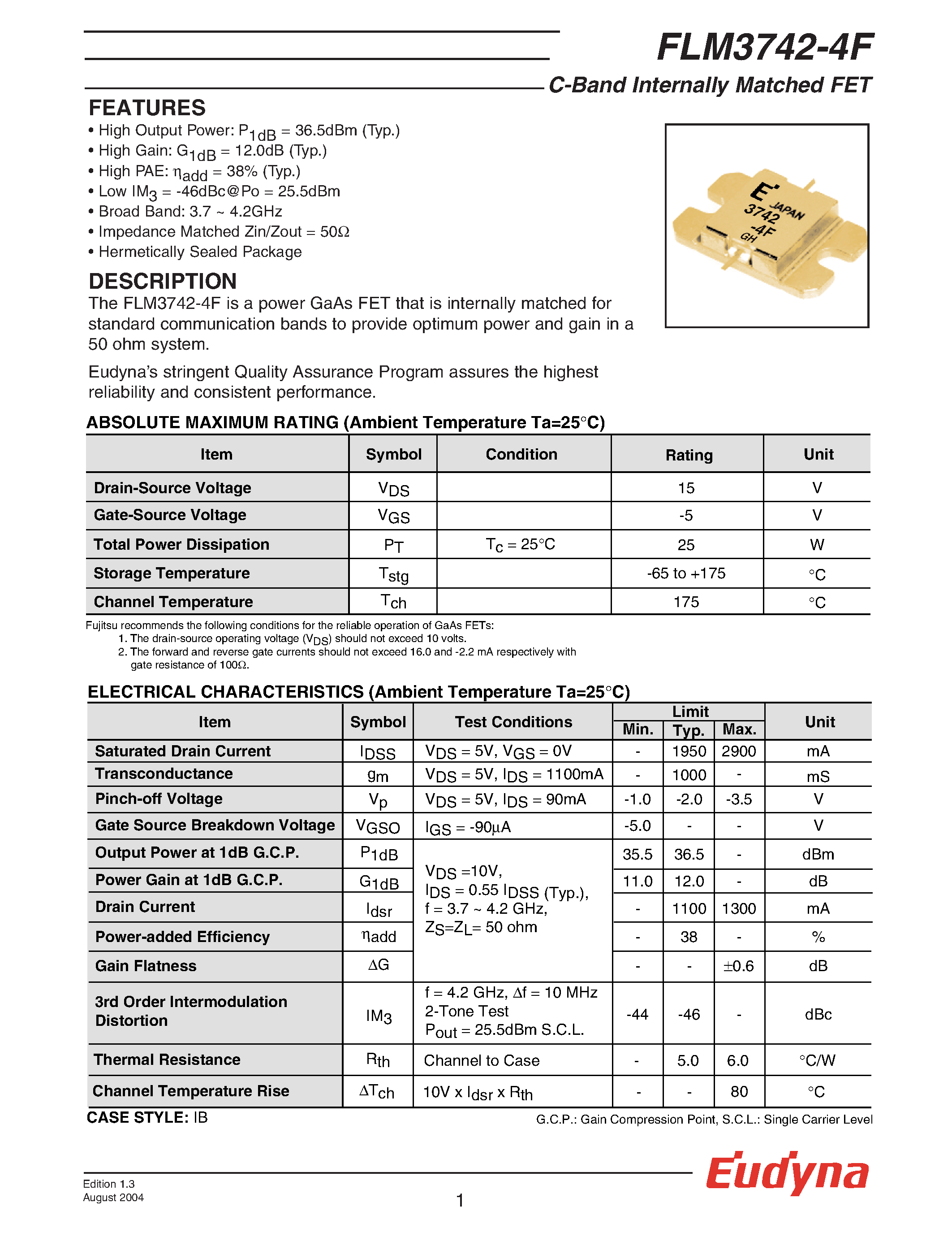 Datasheet FLM3742-4F - C-Band Internally Matched FET page 1