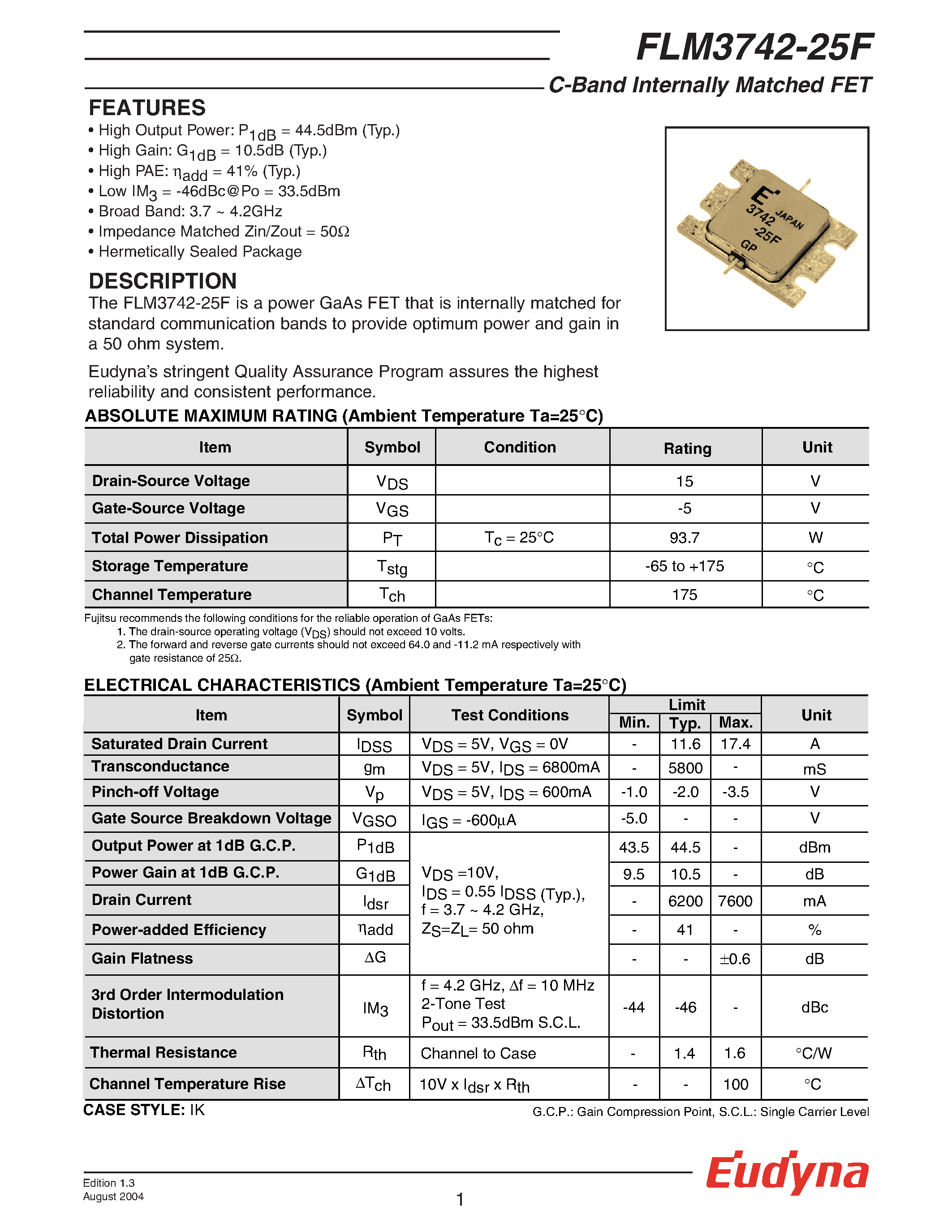 Datasheet FLM3742-25F - C-Band Internally Matched FET page 1