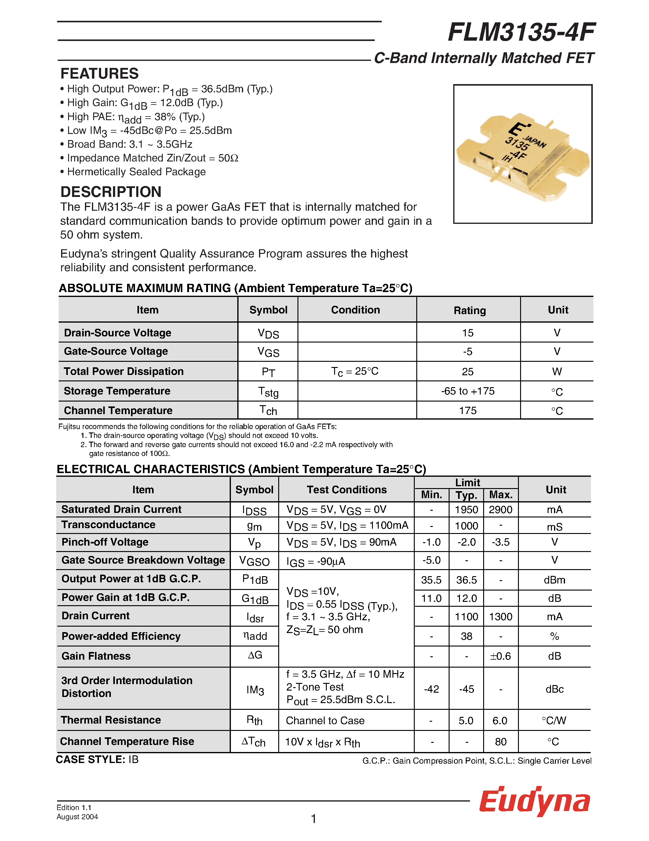 Datasheet FLM3135-4F - C-Band Internally Matched FET page 1