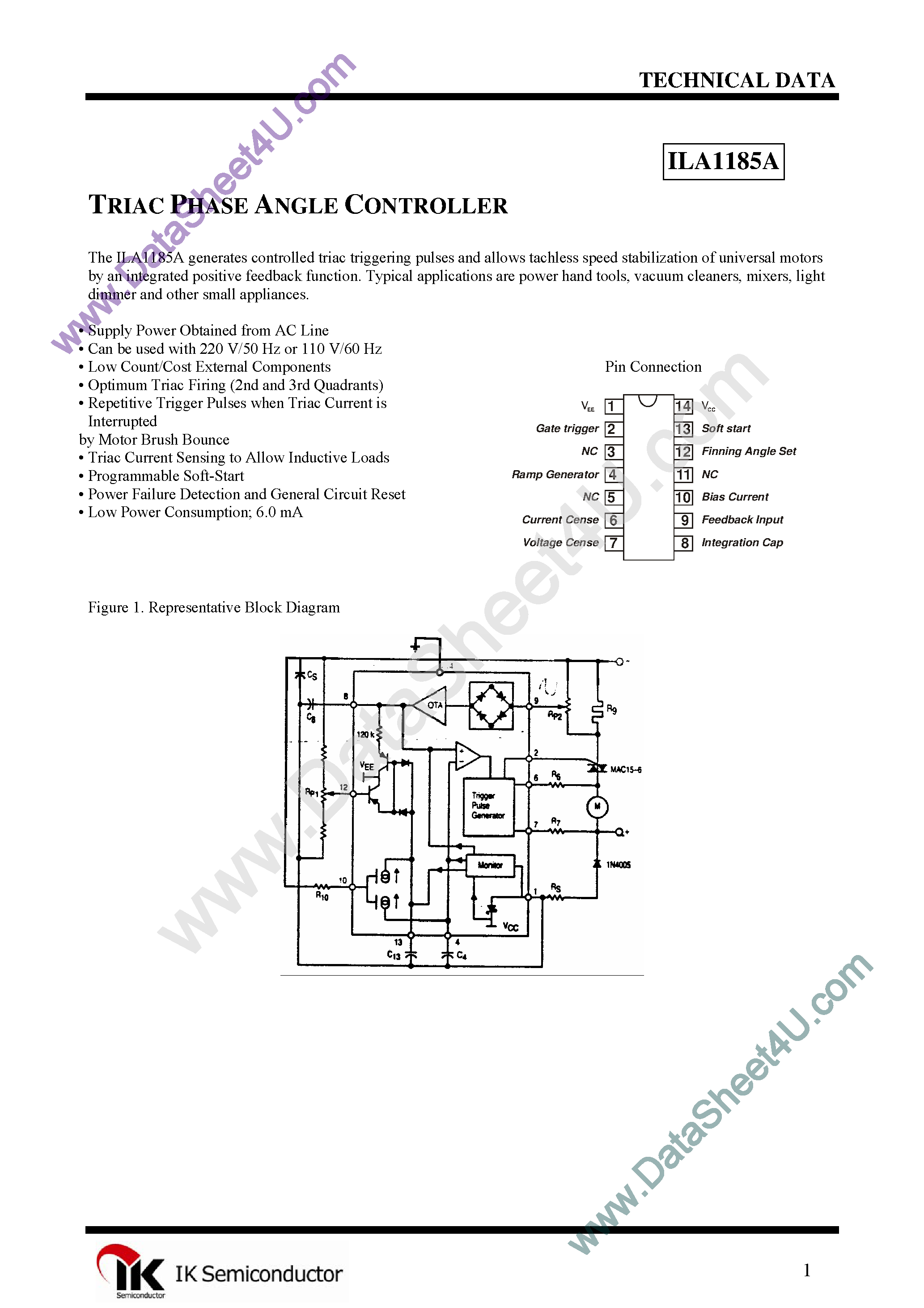 Даташит ILA1185A - Triac Phase Angle Controller страница 1