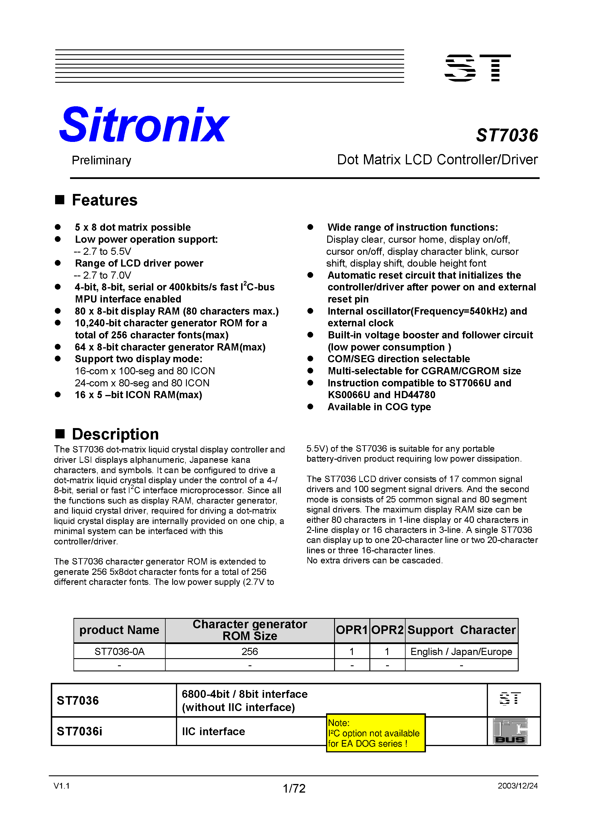 Даташит ST7036 - Dot Matrix LCD Controller/Driver страница 1