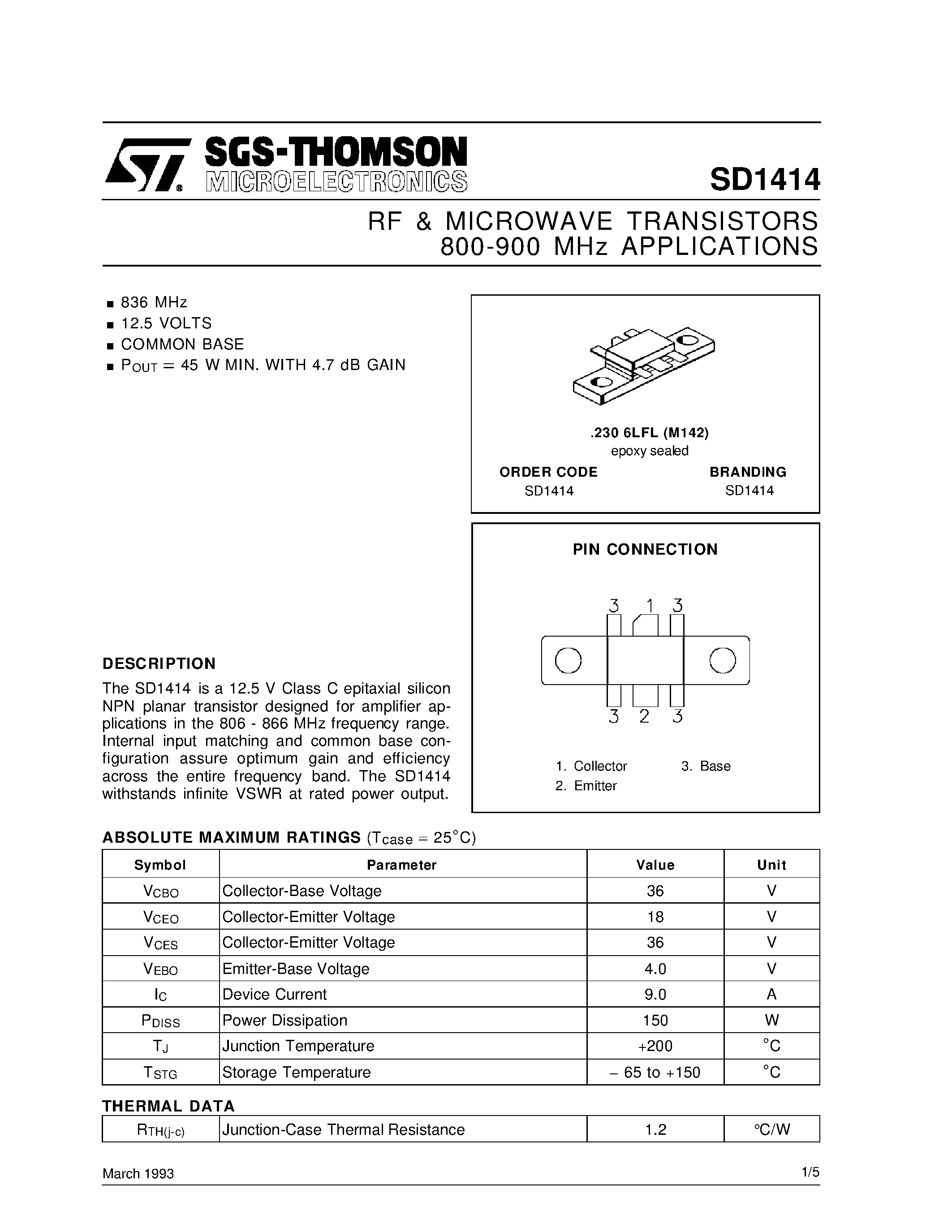 Datasheet SD1414 - RF & MICROWAVE TRANSISTORS 800-900 MHz APPLICATIONS page 1