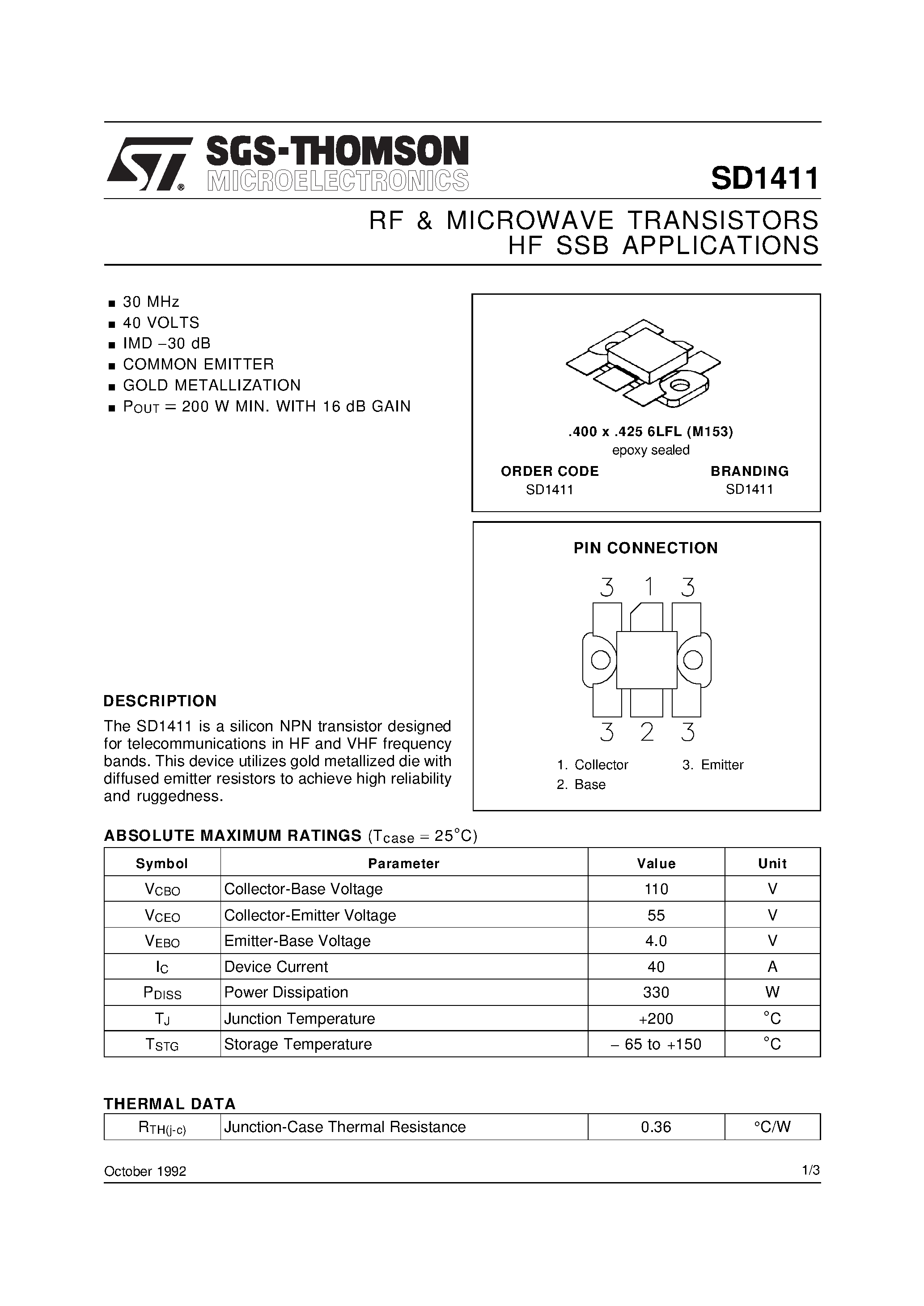 Datasheet SD1411 - RF & MICROWAVE TRANSISTORS HF SSB APPLICATIONS page 1