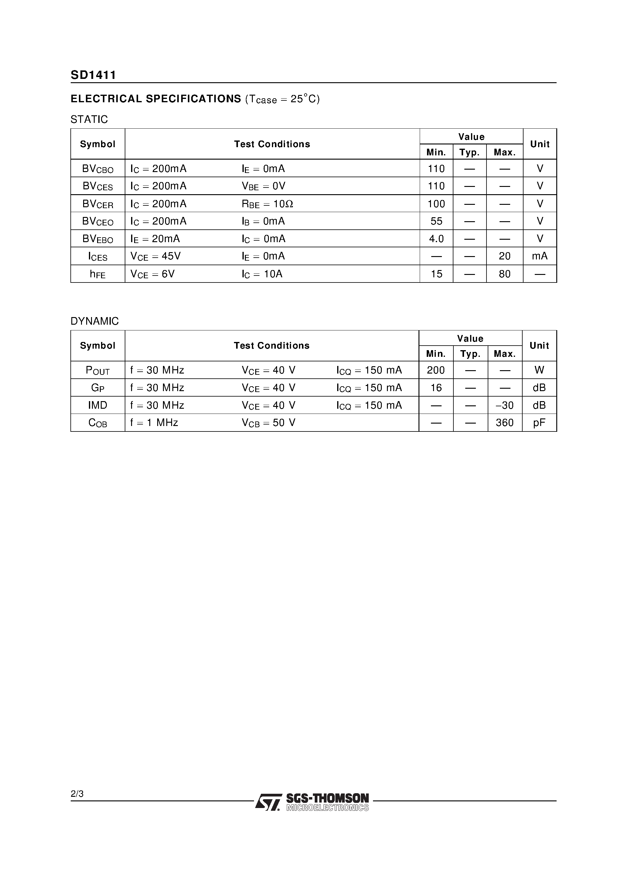 Datasheet SD1411 - RF & MICROWAVE TRANSISTORS HF SSB APPLICATIONS page 2