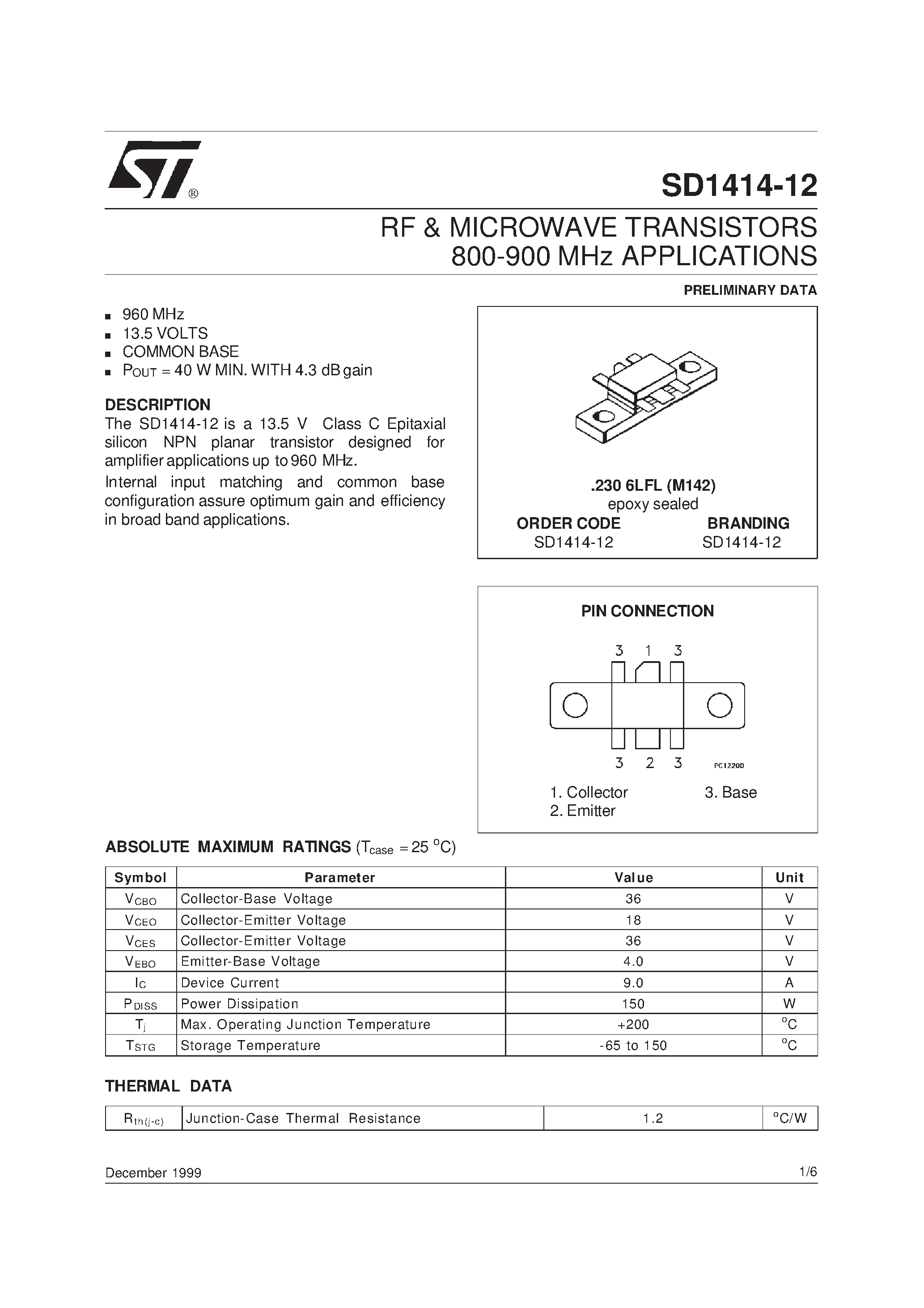 Datasheet SD1414-12 - RF & MICROWAVE TRANSISTORS 800-900 MHz APPLICATIONS page 1