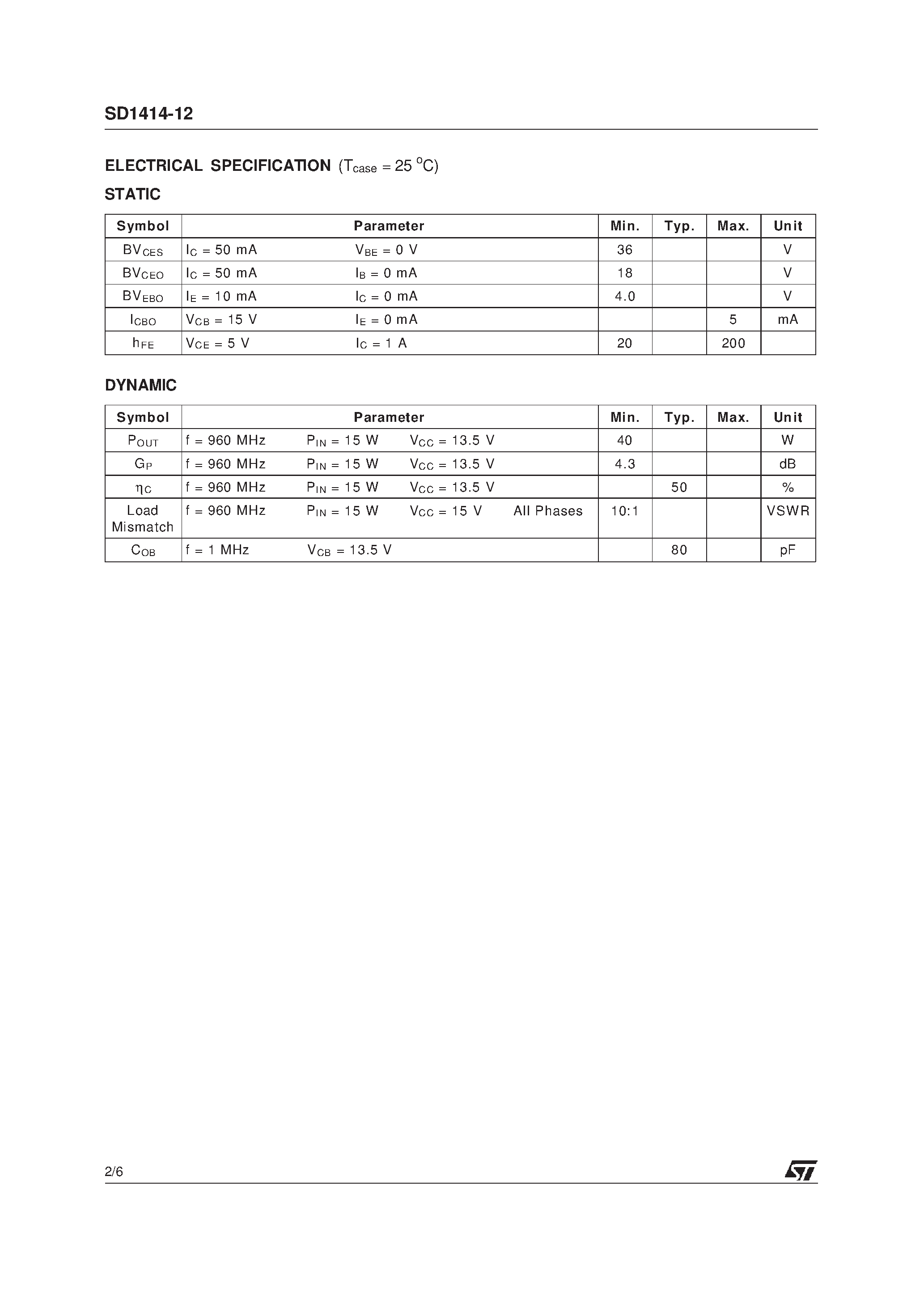 Datasheet SD1414-12 - RF & MICROWAVE TRANSISTORS 800-900 MHz APPLICATIONS page 2