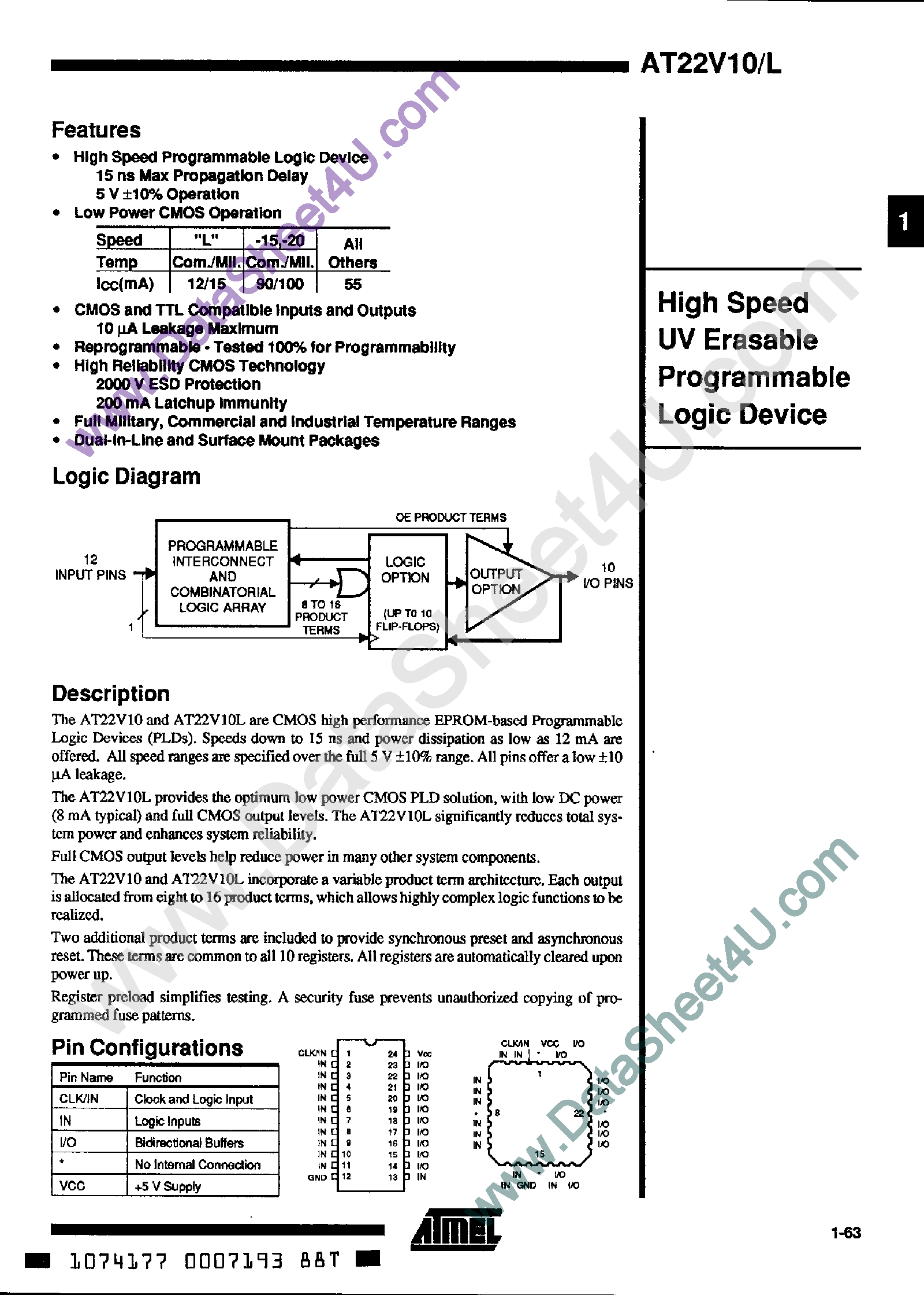 Datasheet AT22V10 - (AT22V10/L) High Speed UV Erasable Programmable Logic Device page 1