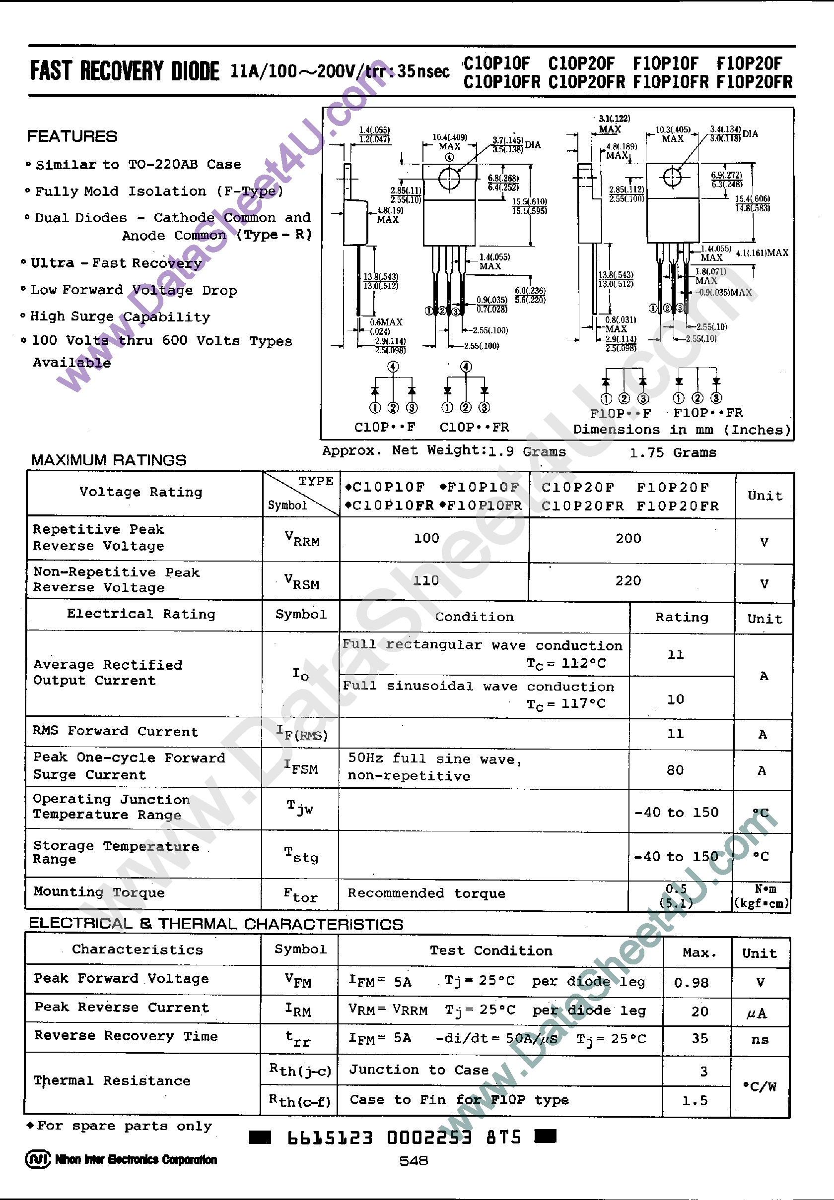 Datasheet F10P10F - (F10P10F(R) / F10P20F(R)) Fast Recovery Diode page 1