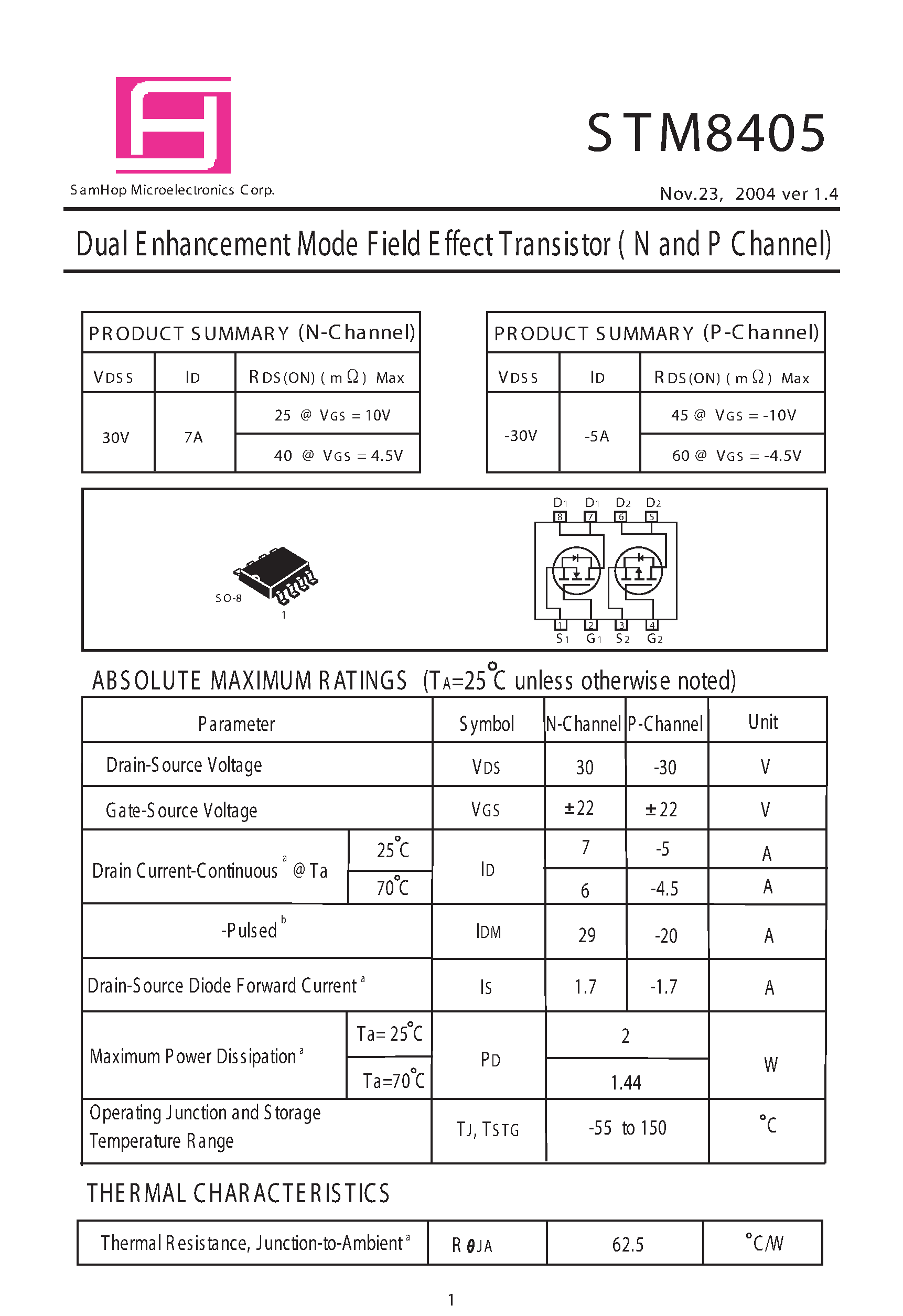 Datasheet STM8405 - Dual E nhancement Mode Field E ffect Transistor page 1