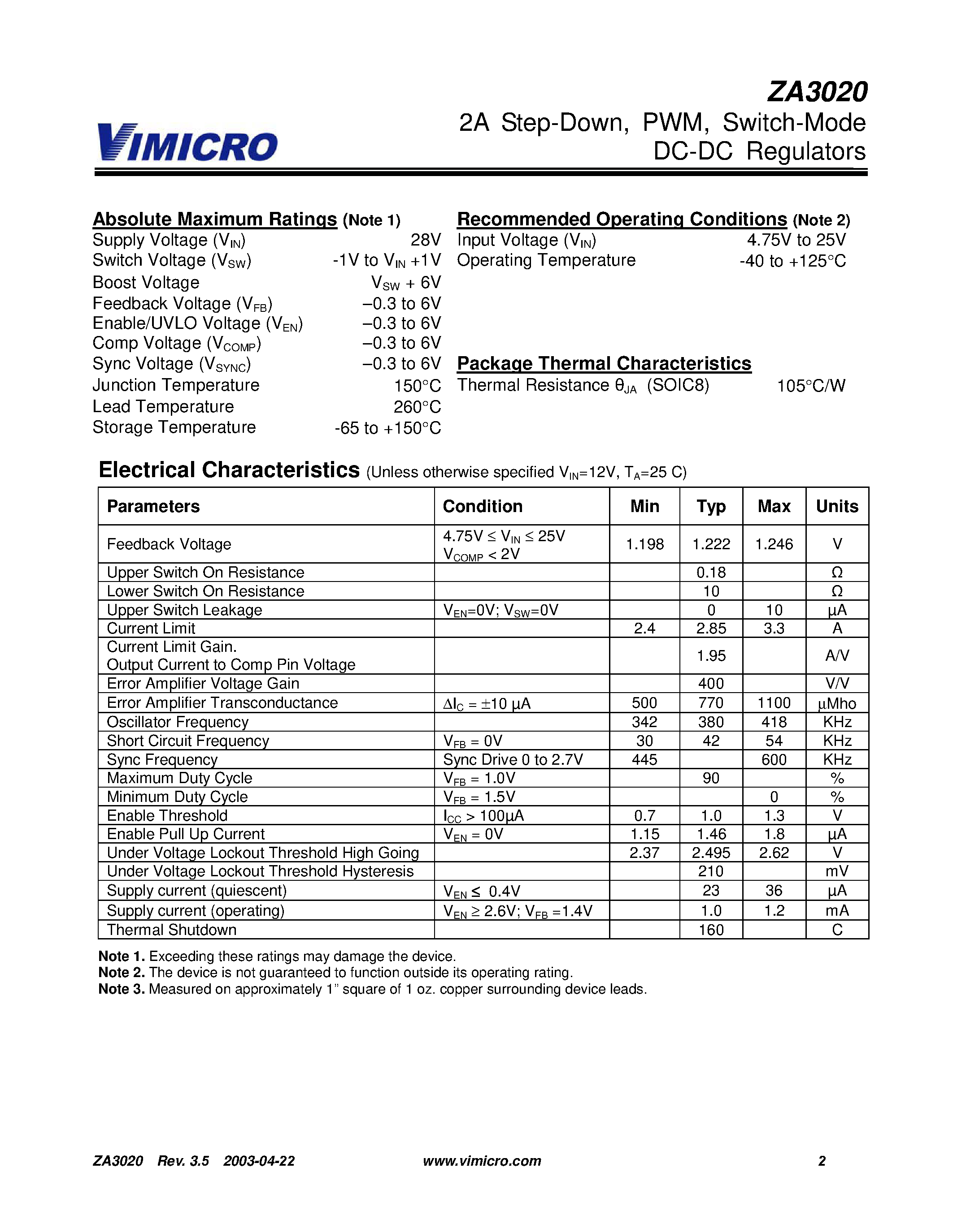 Datasheet ZA3020 - 2A STEP DOWN PWM SWITCH MODE DC DC REGULATORS page 2