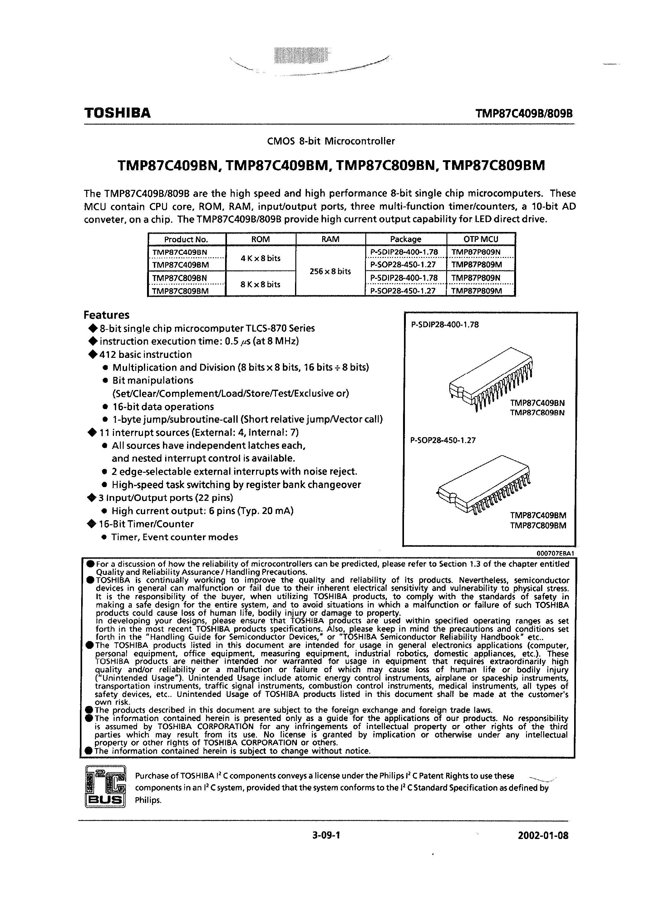 Datasheet TMP87C409BM - (TMP87Cx09xx) CMOS 8-bit Microcontroller page 1