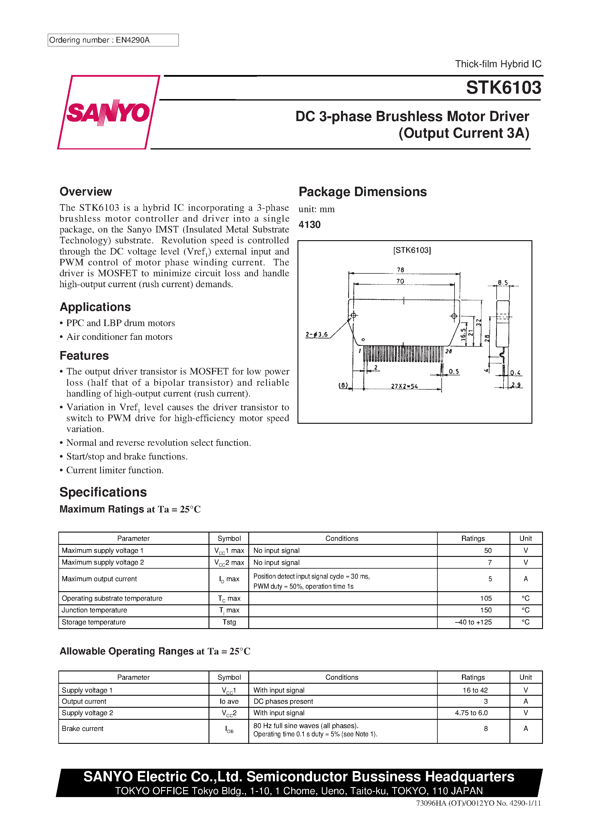 Datasheet STK6103 - DC 3-phase Brushless Motor Driver (Output Current 3A) page 1