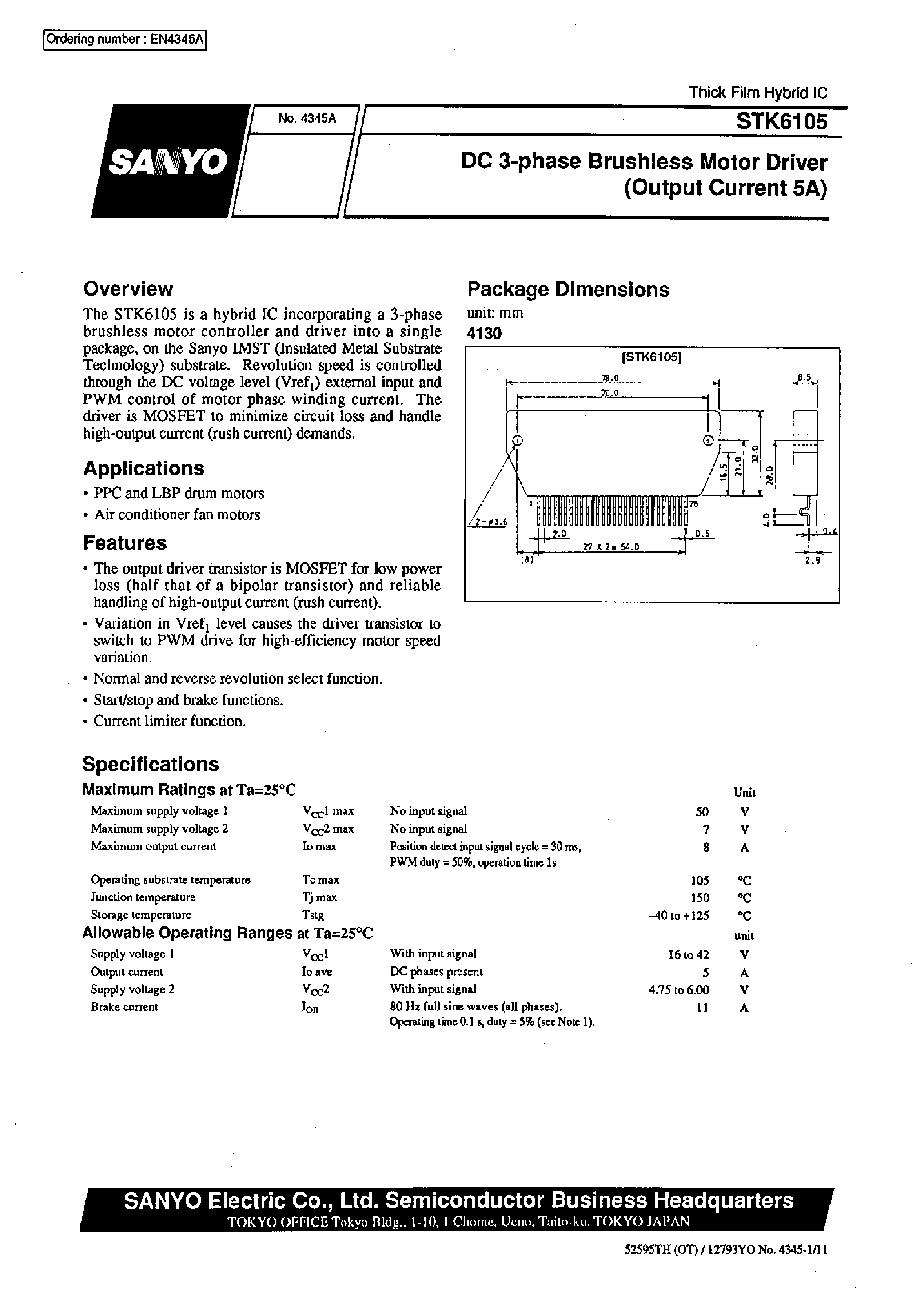 Datasheet STK6105 - DC 3-phase Brushless Motor Driver (Output Current 5A) page 1