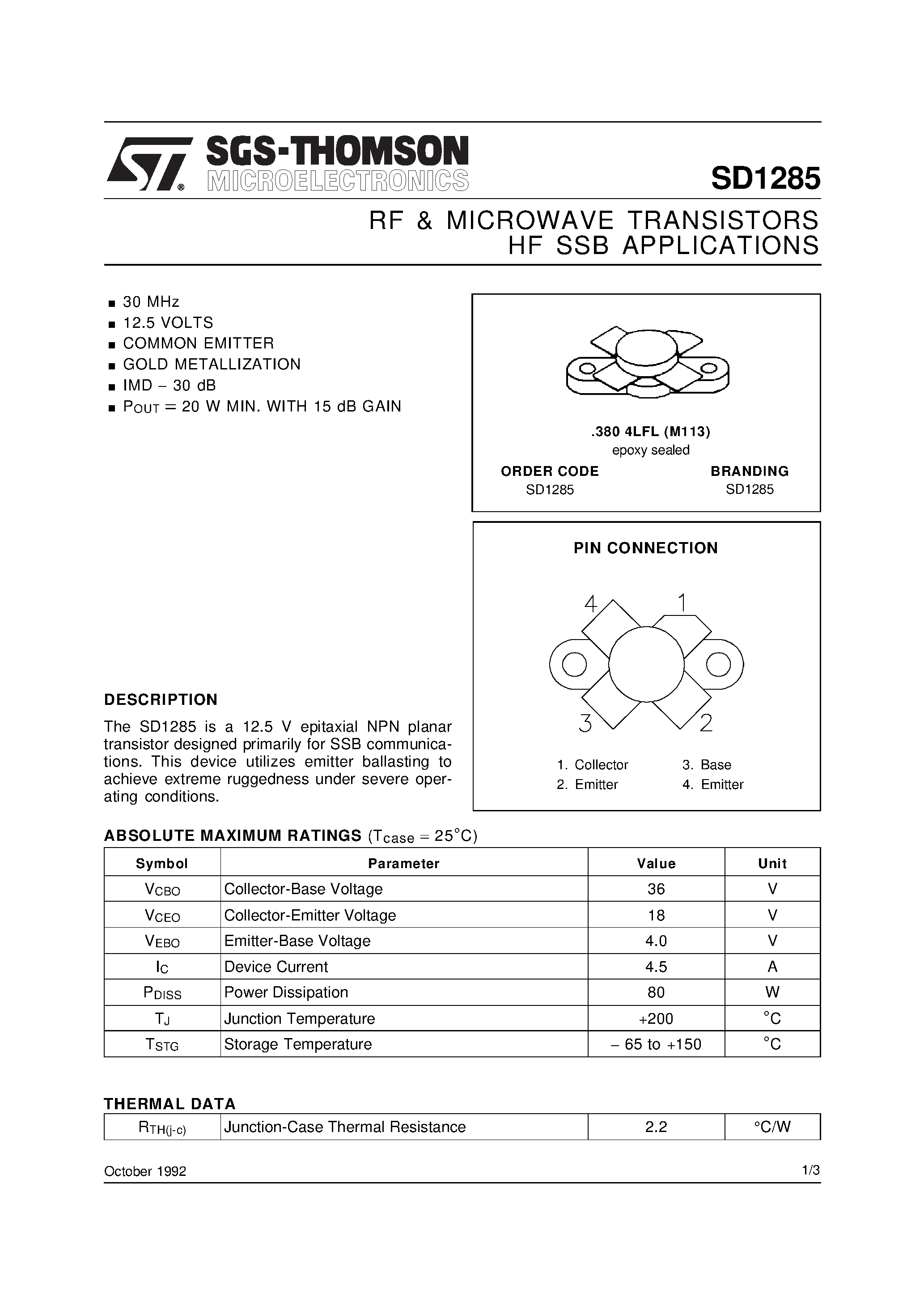 Datasheet SD1285 - RF & MICROWAVE TRANSISTORS HF SSB APPLICATIONS page 1