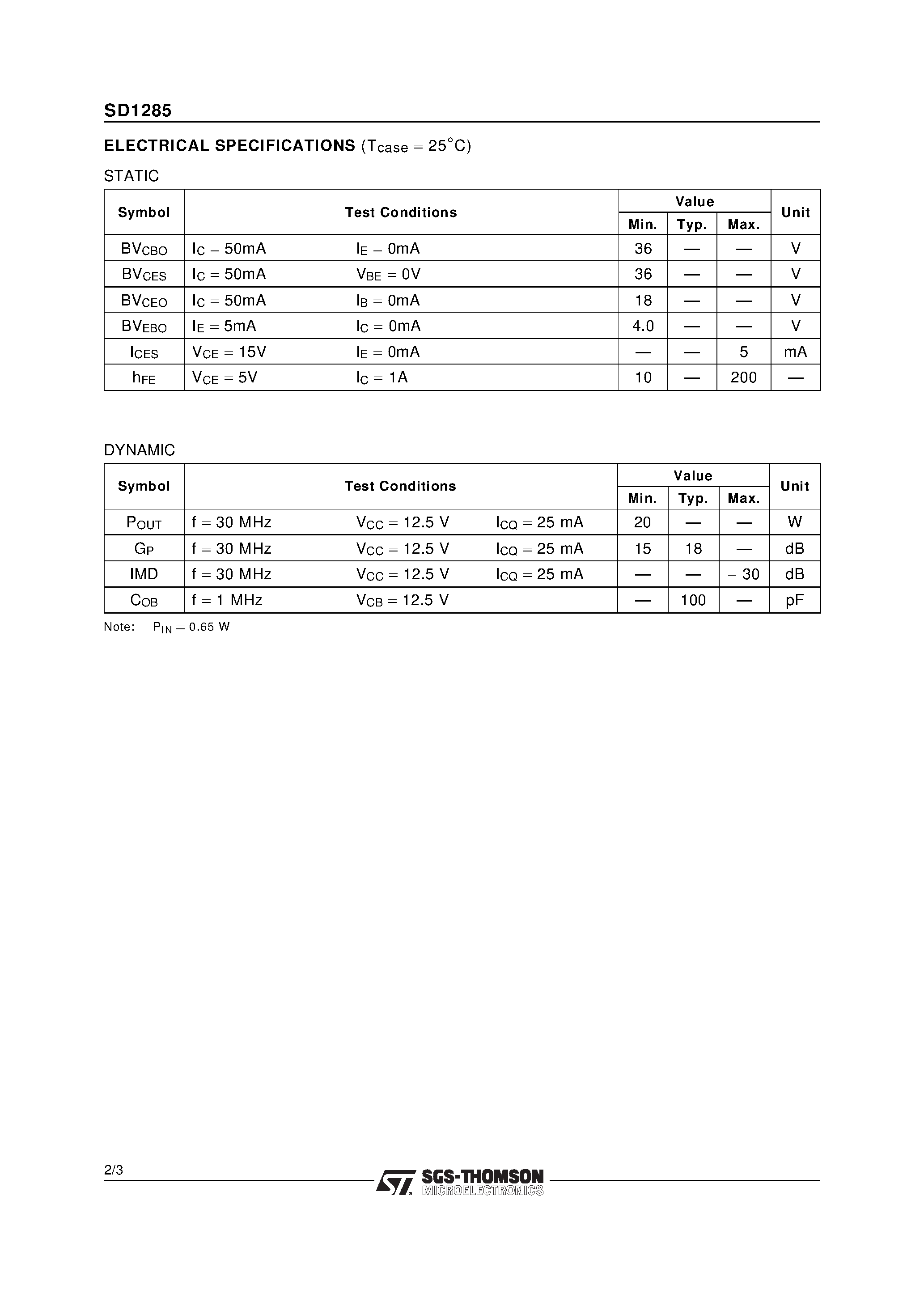 Datasheet SD1285 - RF & MICROWAVE TRANSISTORS HF SSB APPLICATIONS page 2