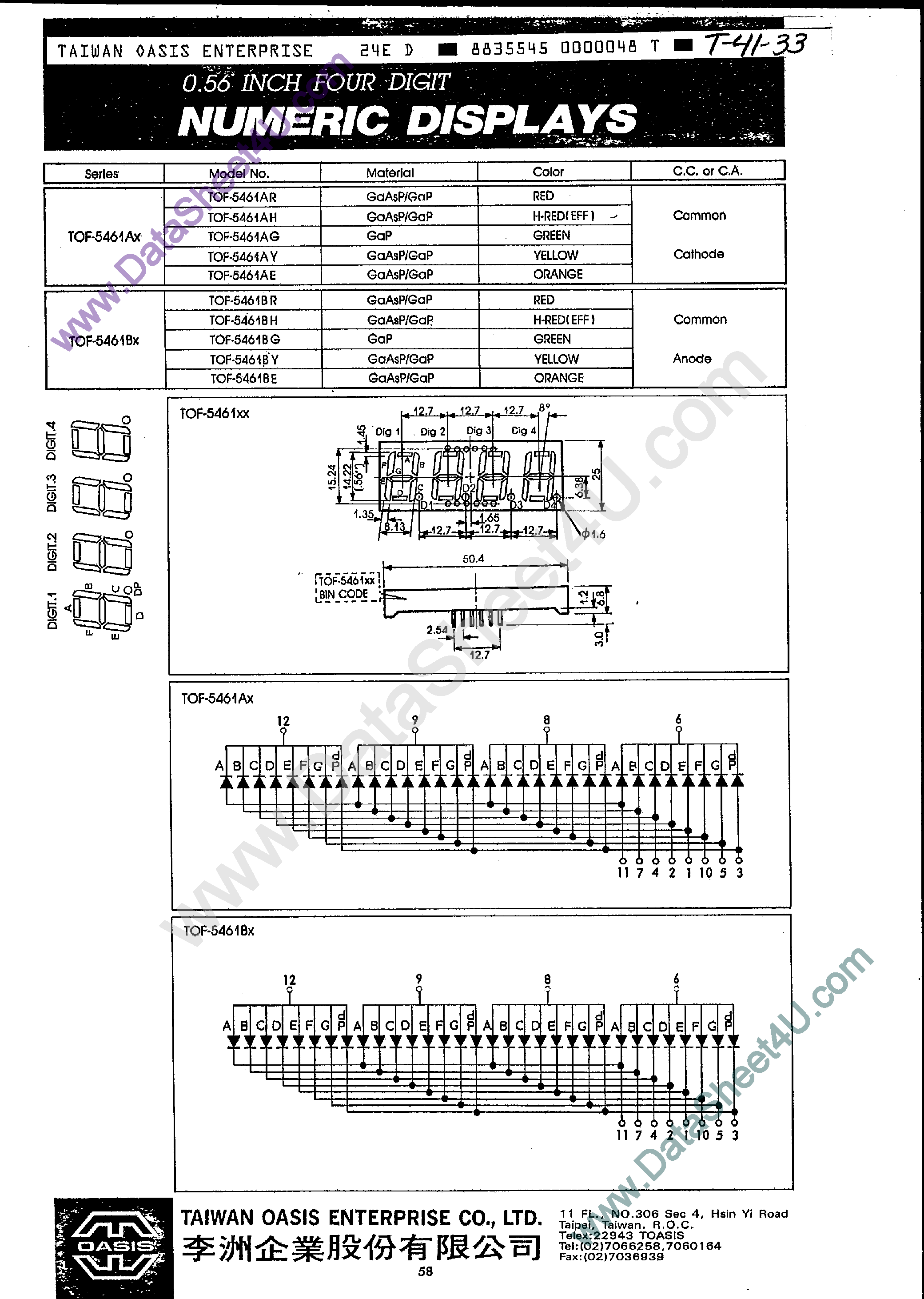 Datasheet TOF-5461 - 4-Digital Numeric Displays page 1