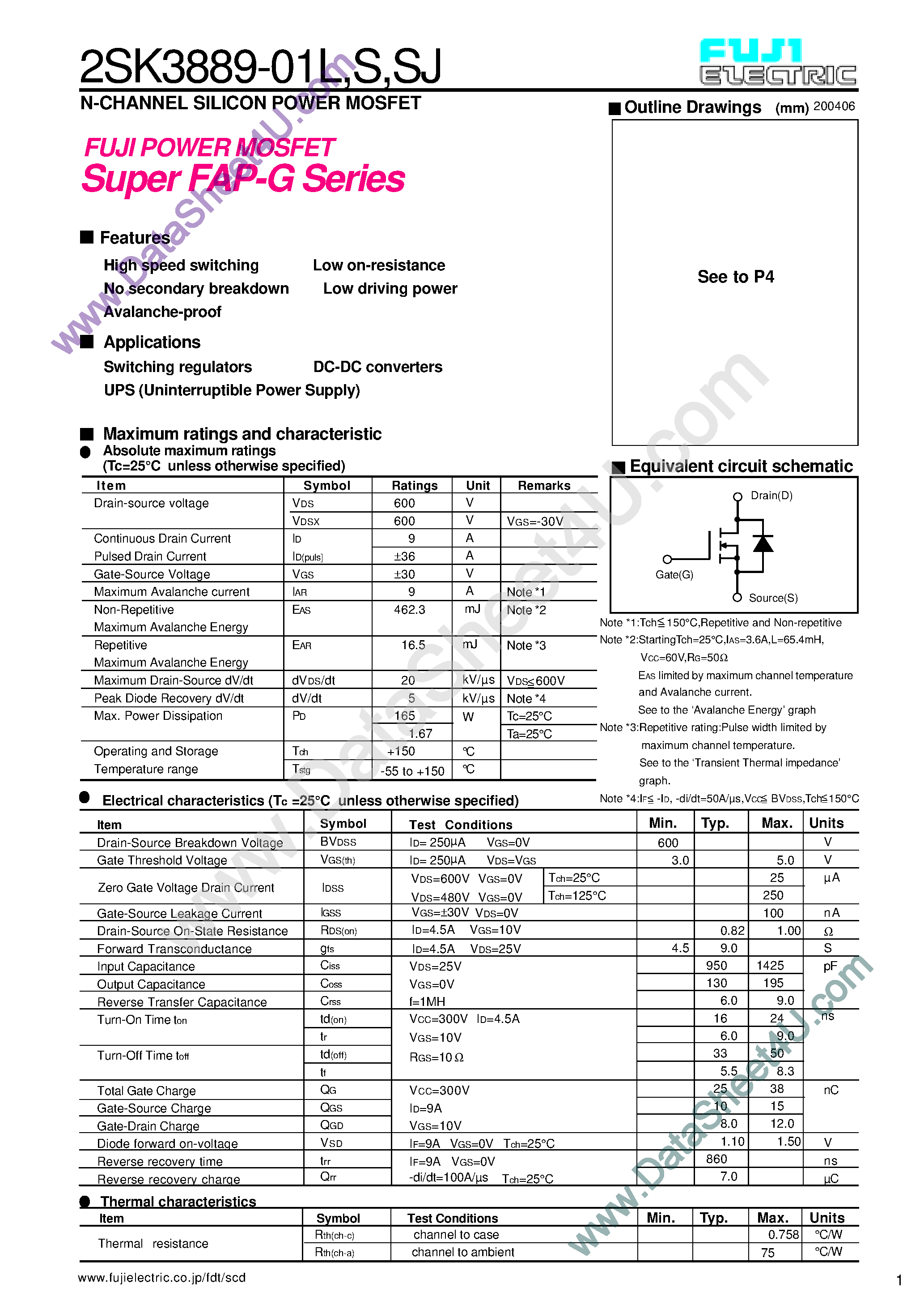 Даташит 2SK3889-01L - (2SK3889-01L/S/SJ) Power MOSFET / Super FAP-G Series страница 1