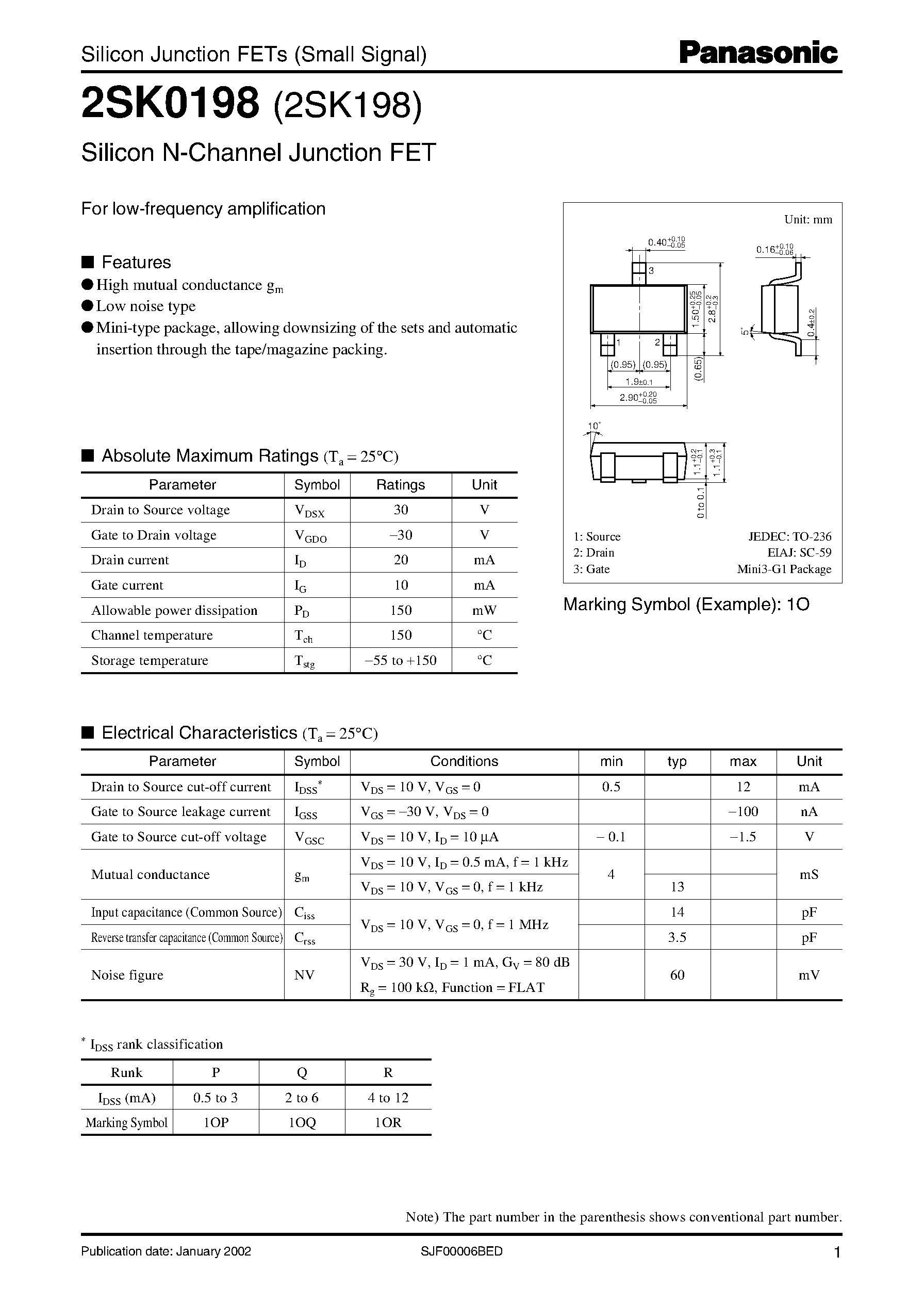 Datasheet 2SK0198 - For Low-Frequency Amplification page 1