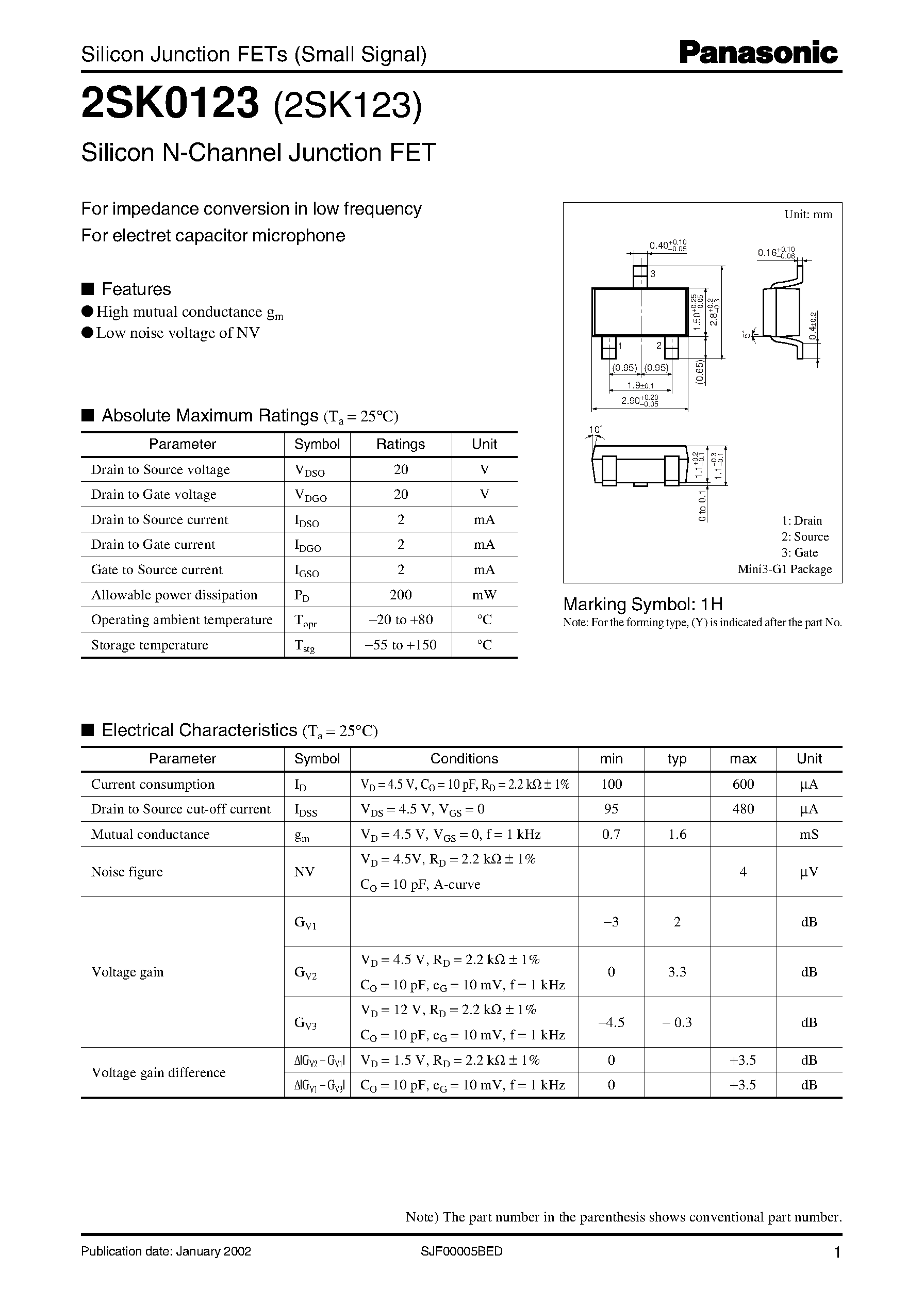 Datasheet 2SK0123 - For Impedance Conversion In Low Frequency page 1