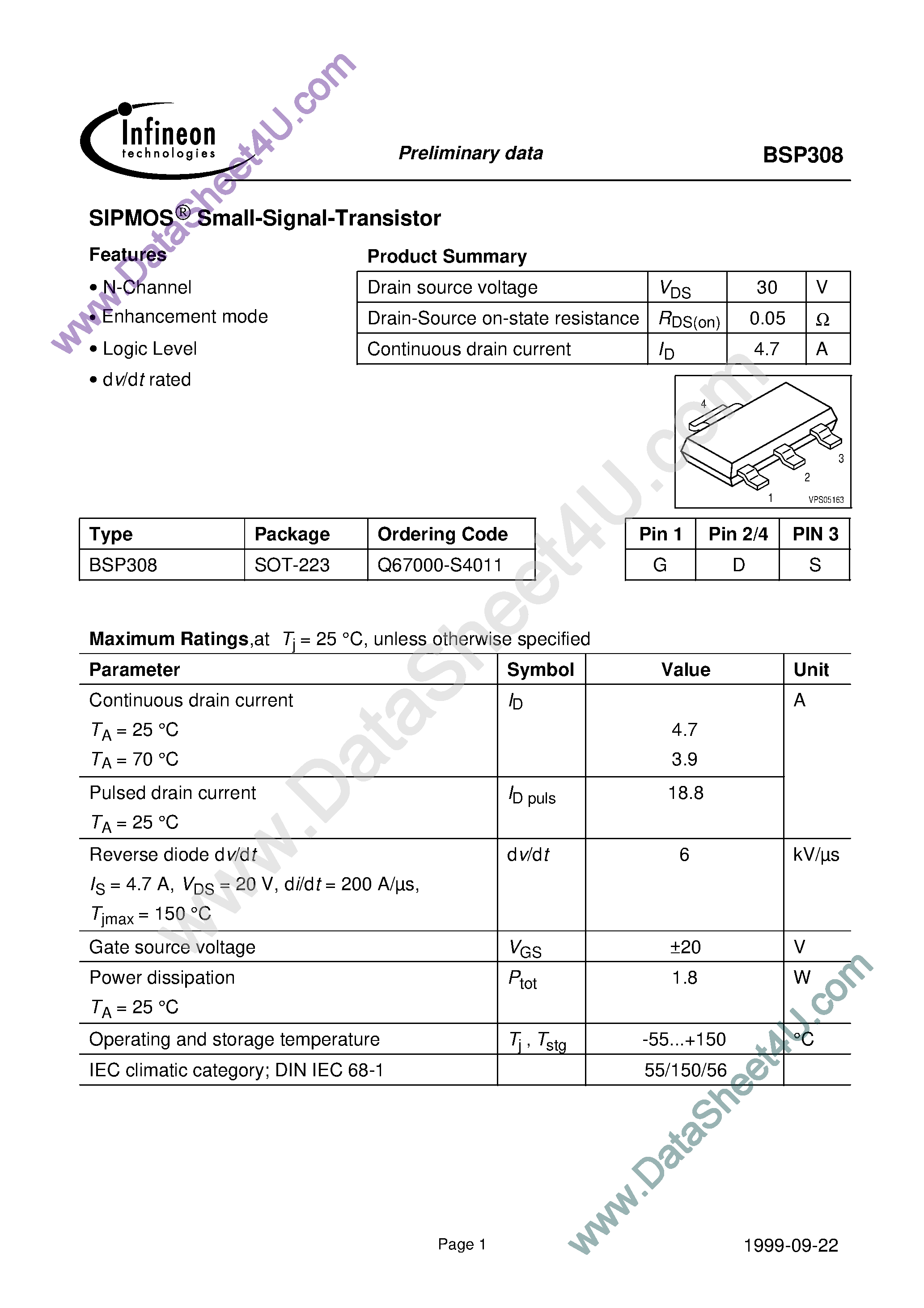 Datasheet BSP308 - Sipmos(r) Small-signal-transistor page 1