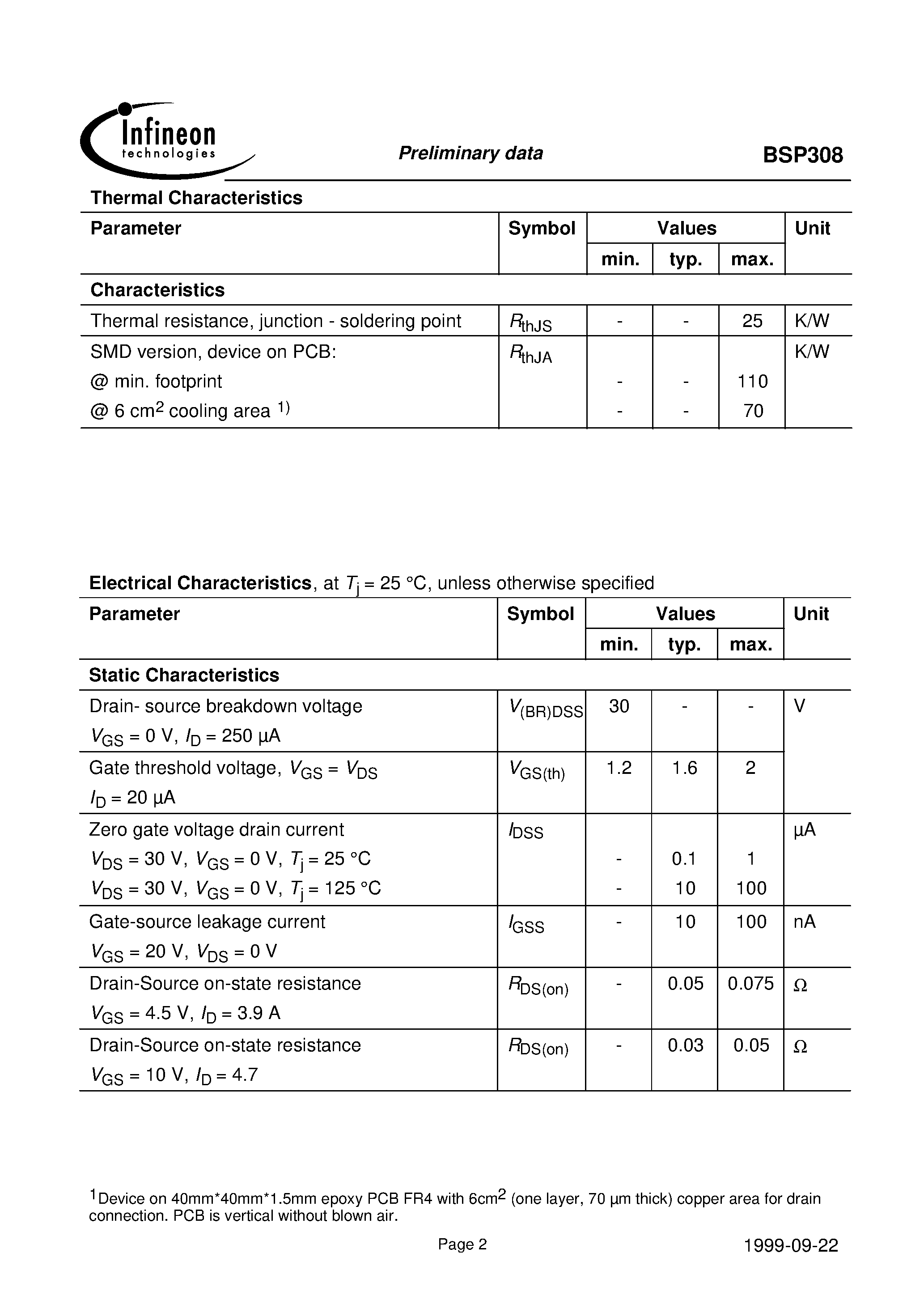 Datasheet BSP308 - Sipmos(r) Small-signal-transistor page 2