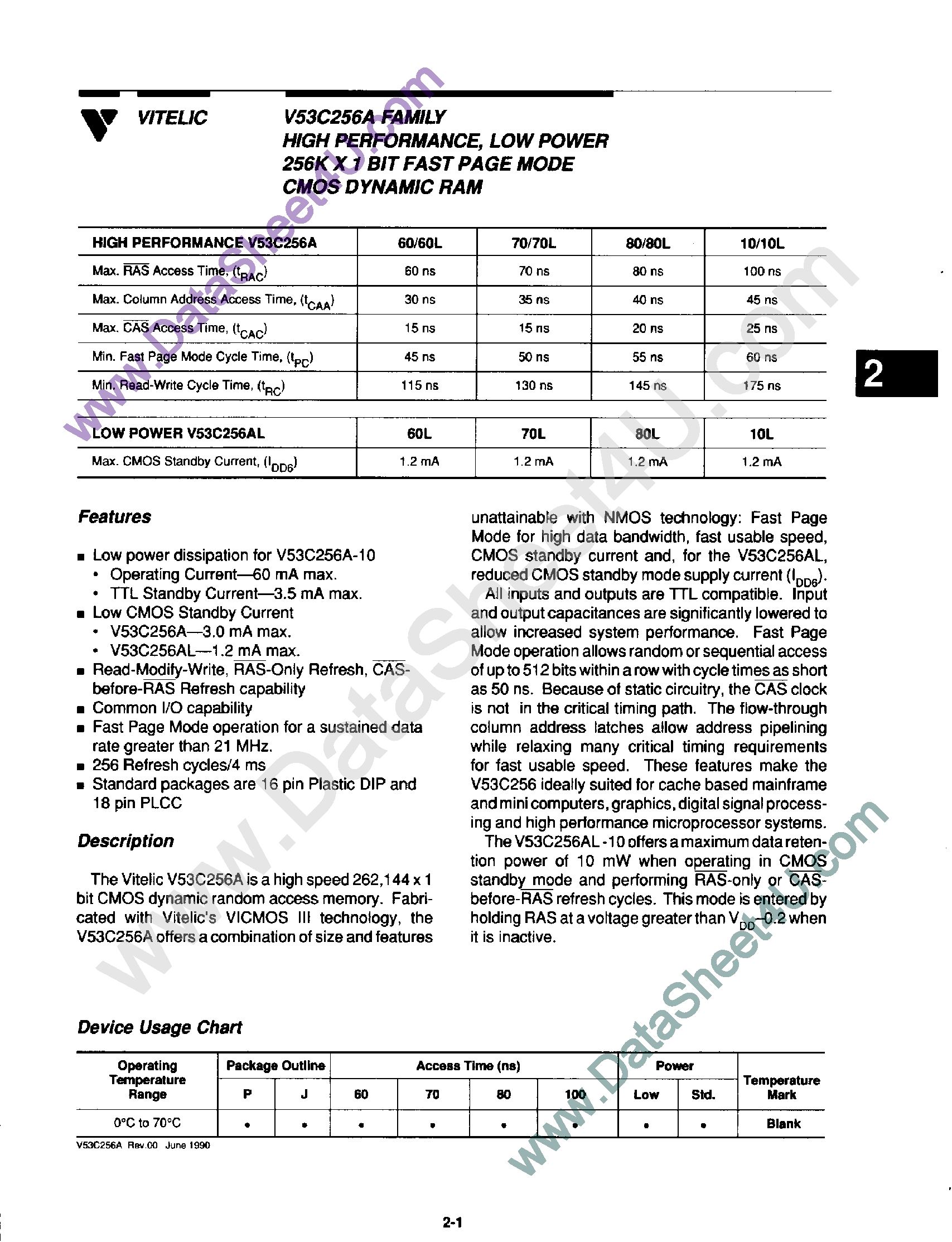 Даташит V53C256A - (V53C256A Series) High Performance / Low Power 256k x 1-Bit Fast Page Mode CMOS DRAM страница 1