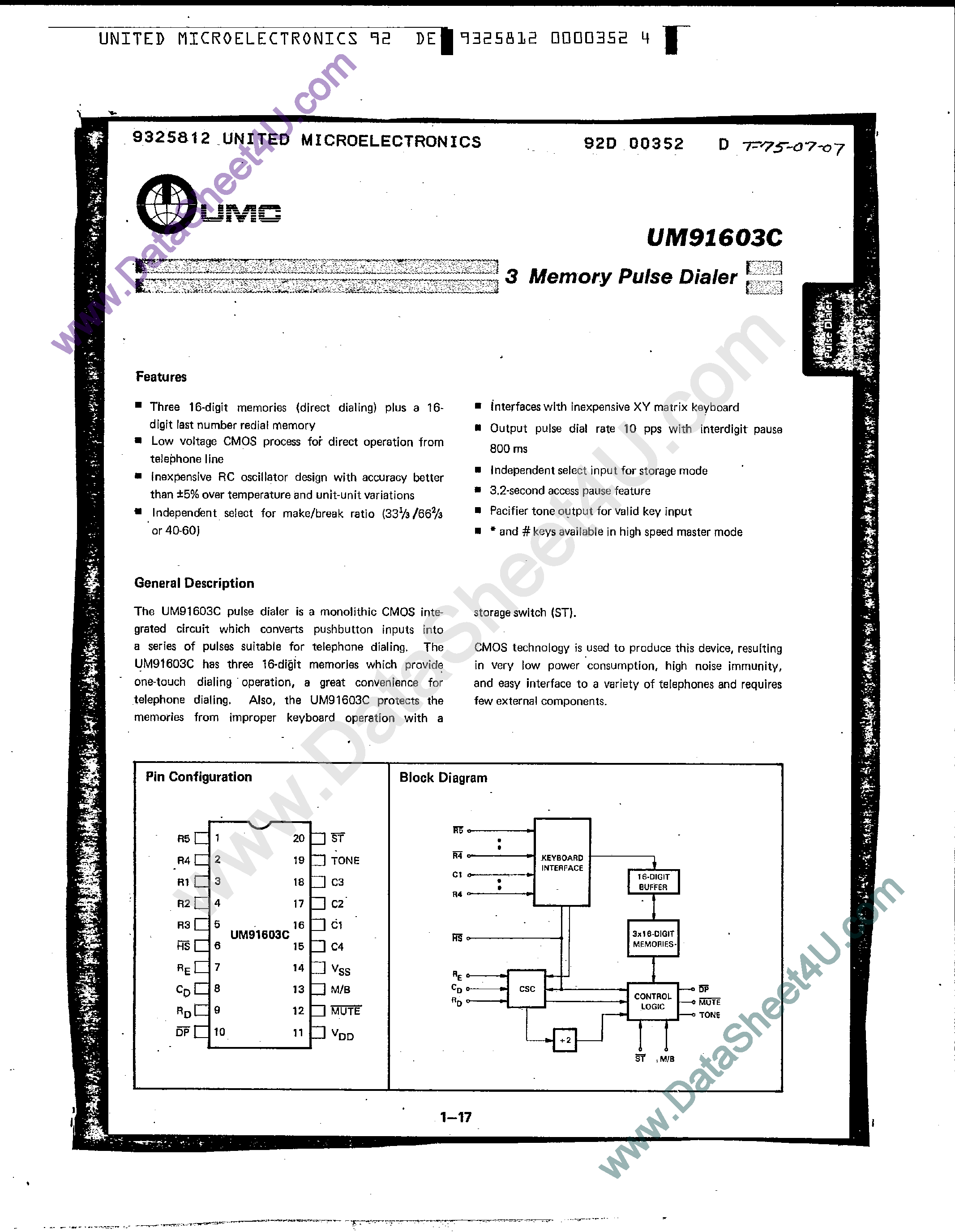 Даташит UM91603C - 3 Memory Pulse Dialer страница 1