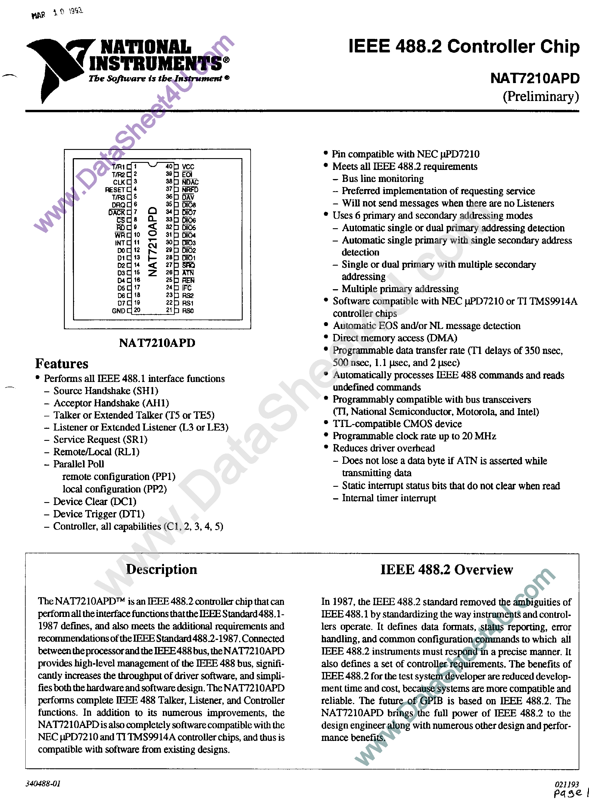 Даташит NAT7210APD - IEEE 488.2 Controller Chip страница 1