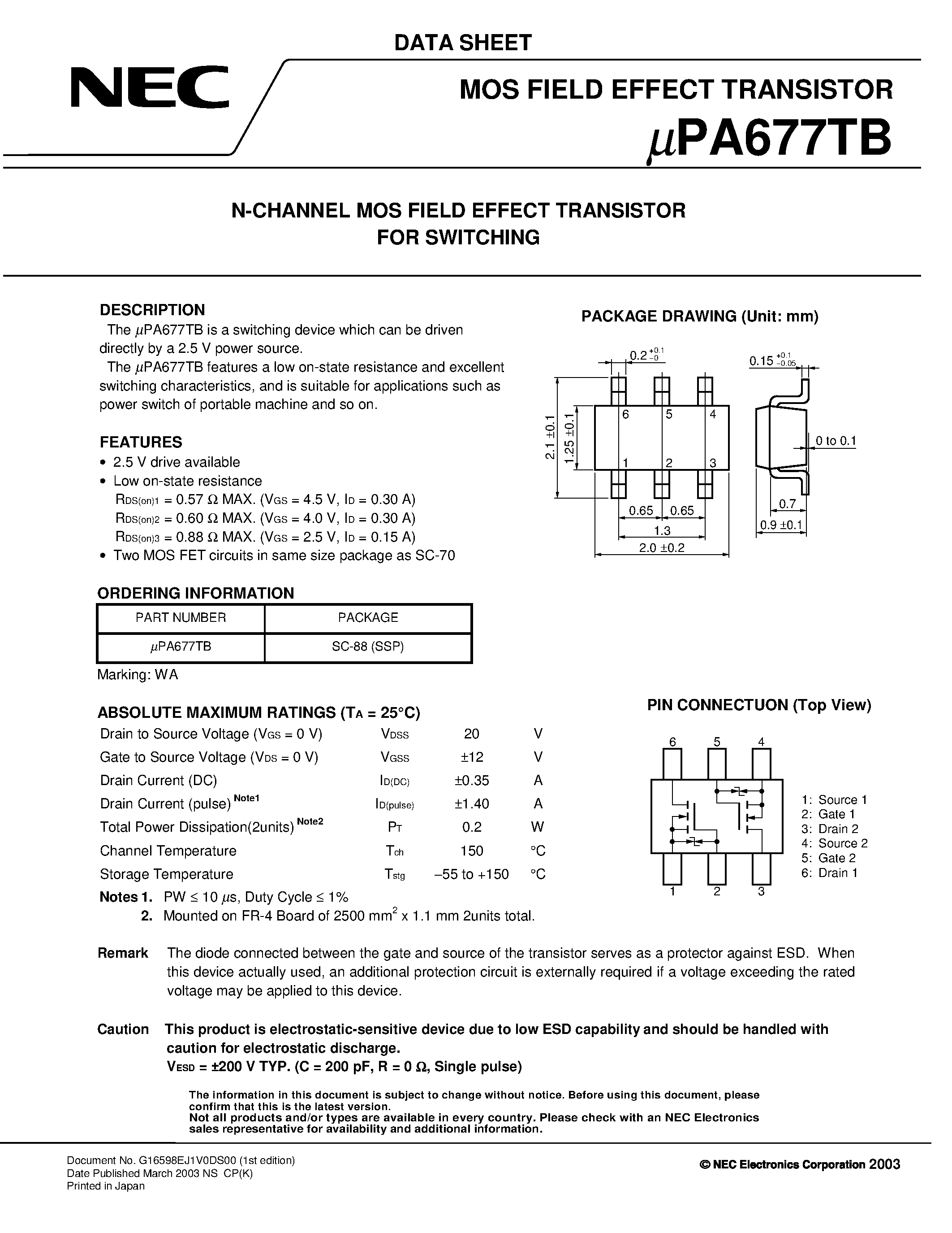 Даташит UPA677TB - N-CHANNEL MOS FIELD EFFECT TRANSISTOR FOR SWITCHING страница 1