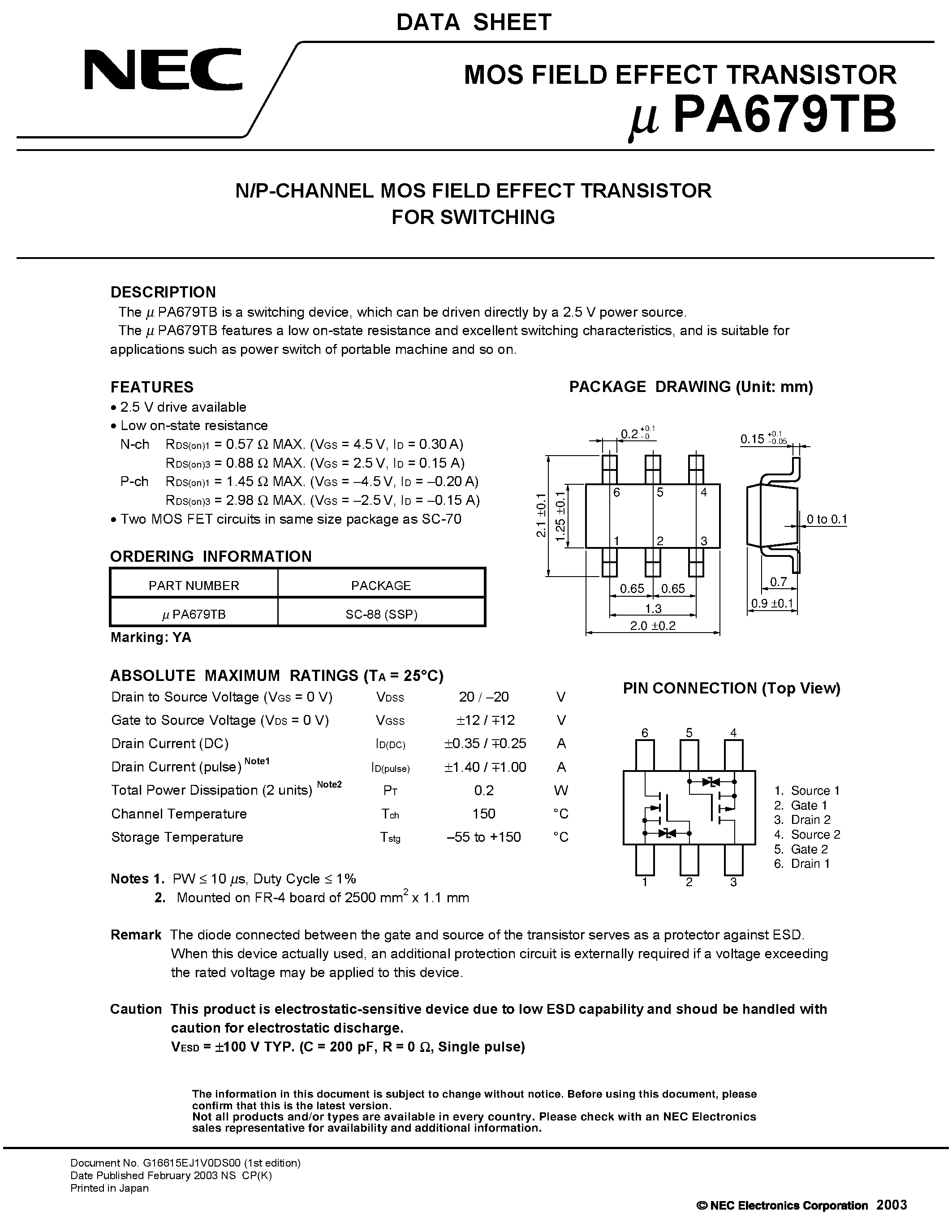 Даташит UPA679TB - N/P-CHANNEL MOS FIELD EFFECT TRANSISTOR FOR SWITCHING страница 1