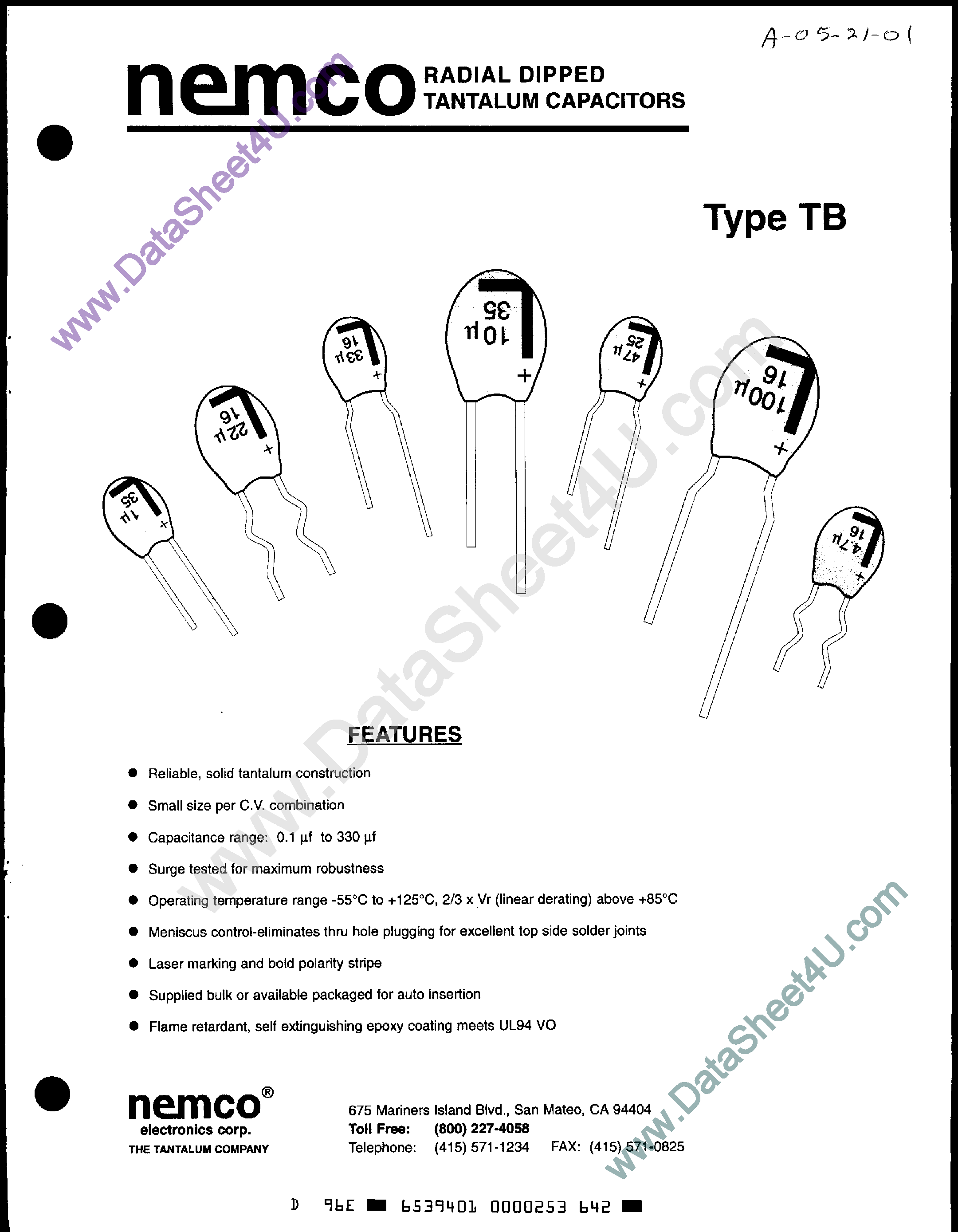 Datasheet TB6.8/16M1TR - (TB Type) Radial Dipped Tantalum Capacitors page 1