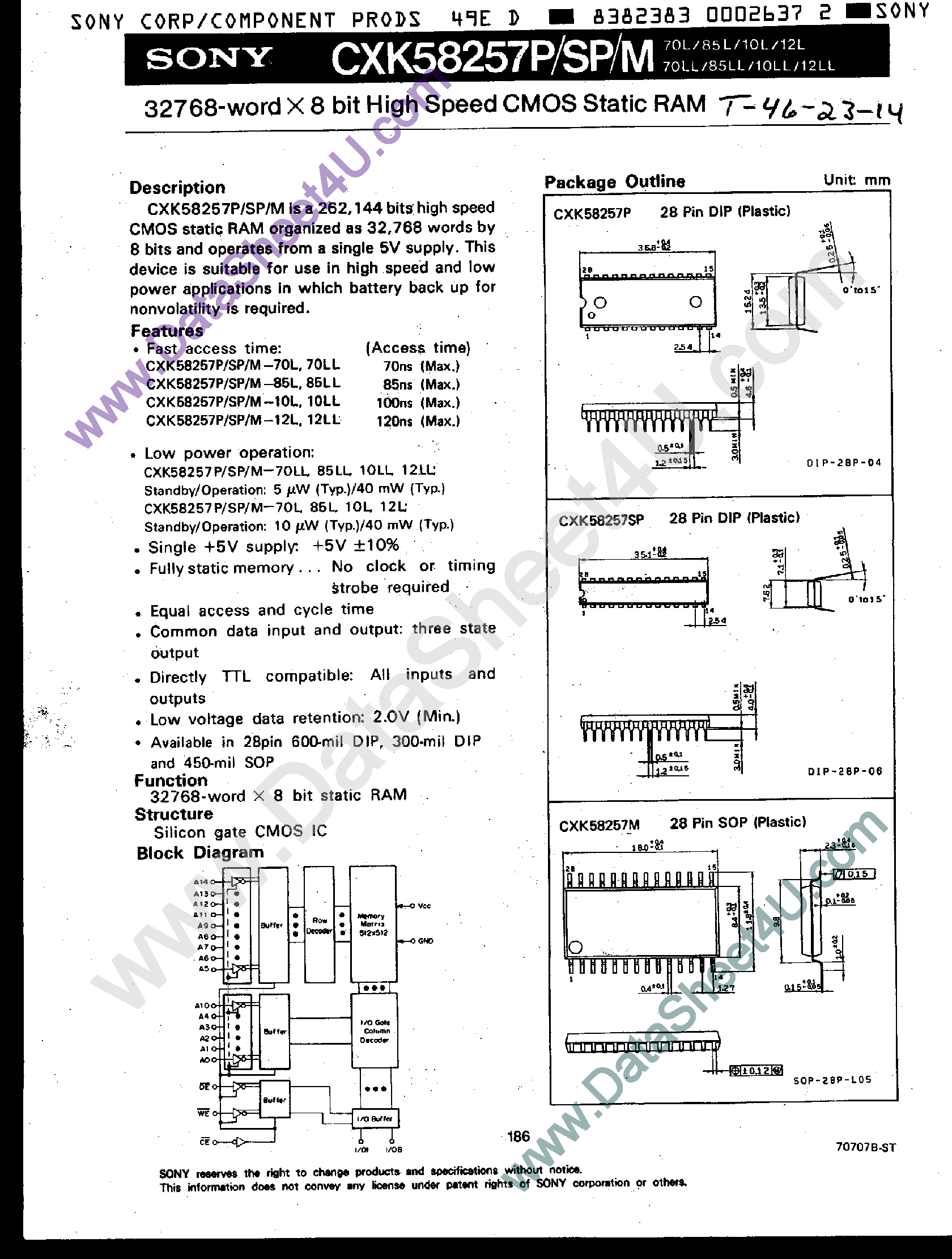 Datasheet CXK58257M - (CXK58257P/SP/M) 32768 x 8-Bit High Speed CMOS SRAM page 1