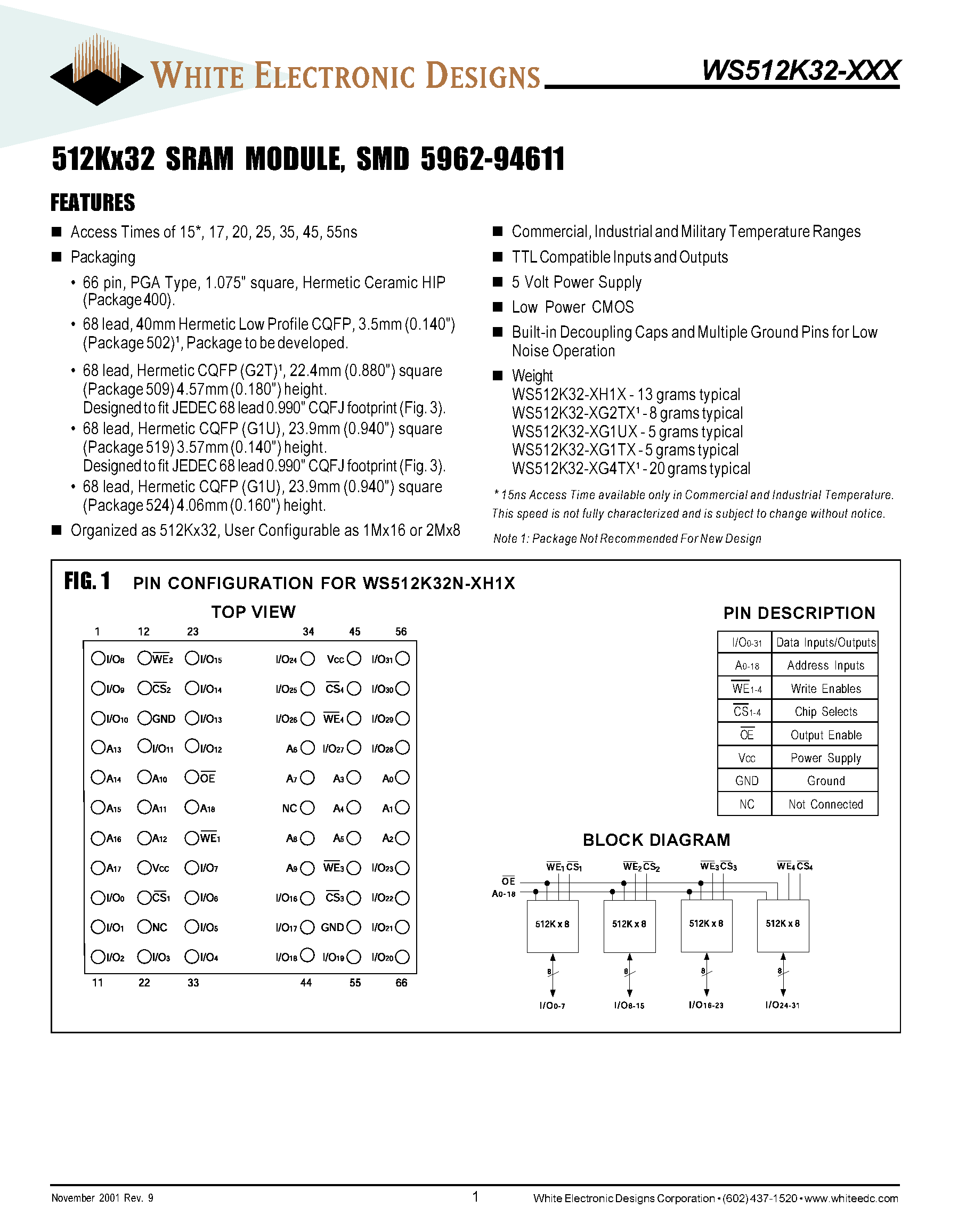 Datasheet WS512K32 - 512K X 32 SRAM MODULE SMD 5962-94611 page 1