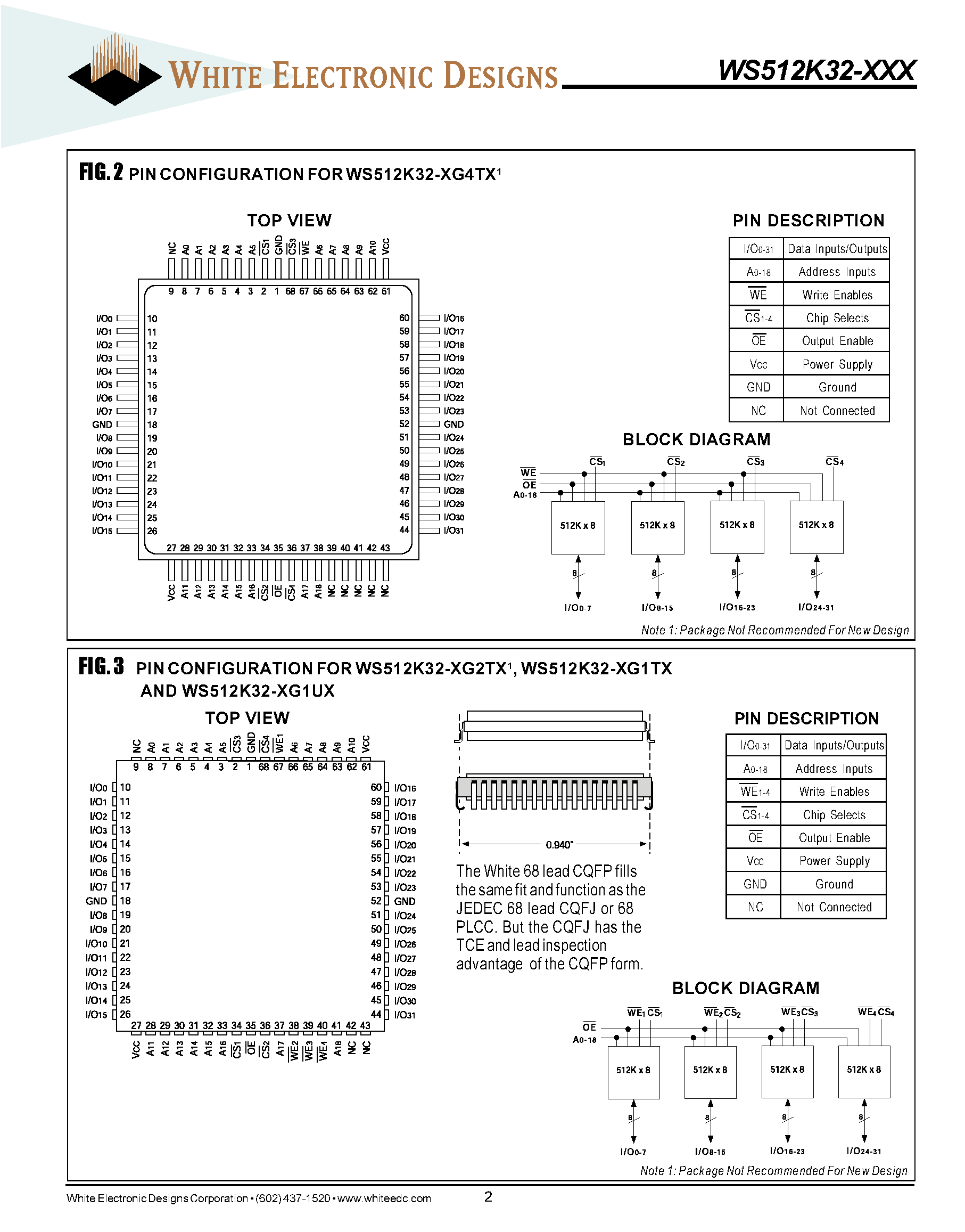 Datasheet WS512K32 - 512K X 32 SRAM MODULE SMD 5962-94611 page 2