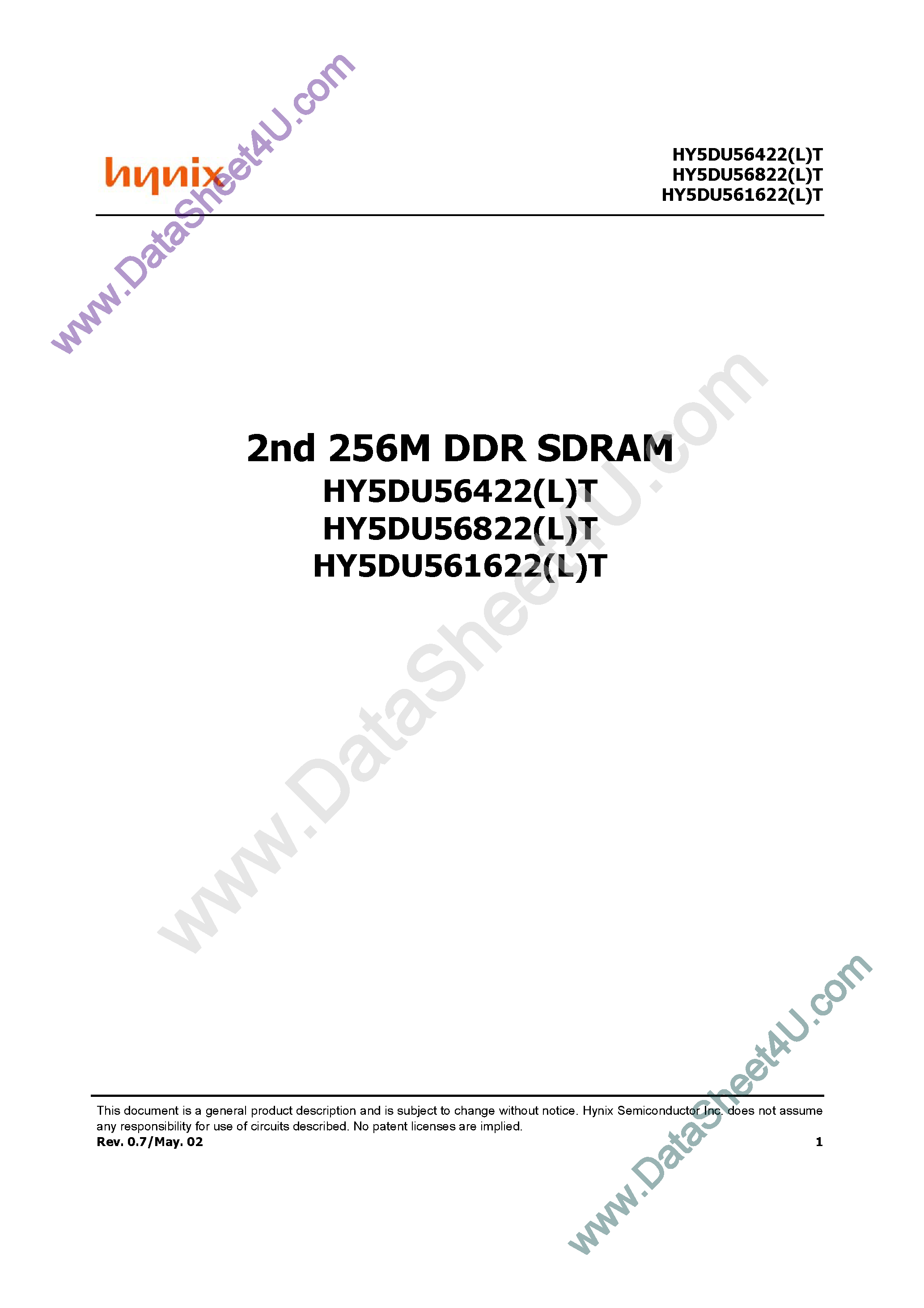 Datasheet HY5DU56422T - (HY5DU56xxx(L)T) 2nd 256M DDR SDRAM page 1