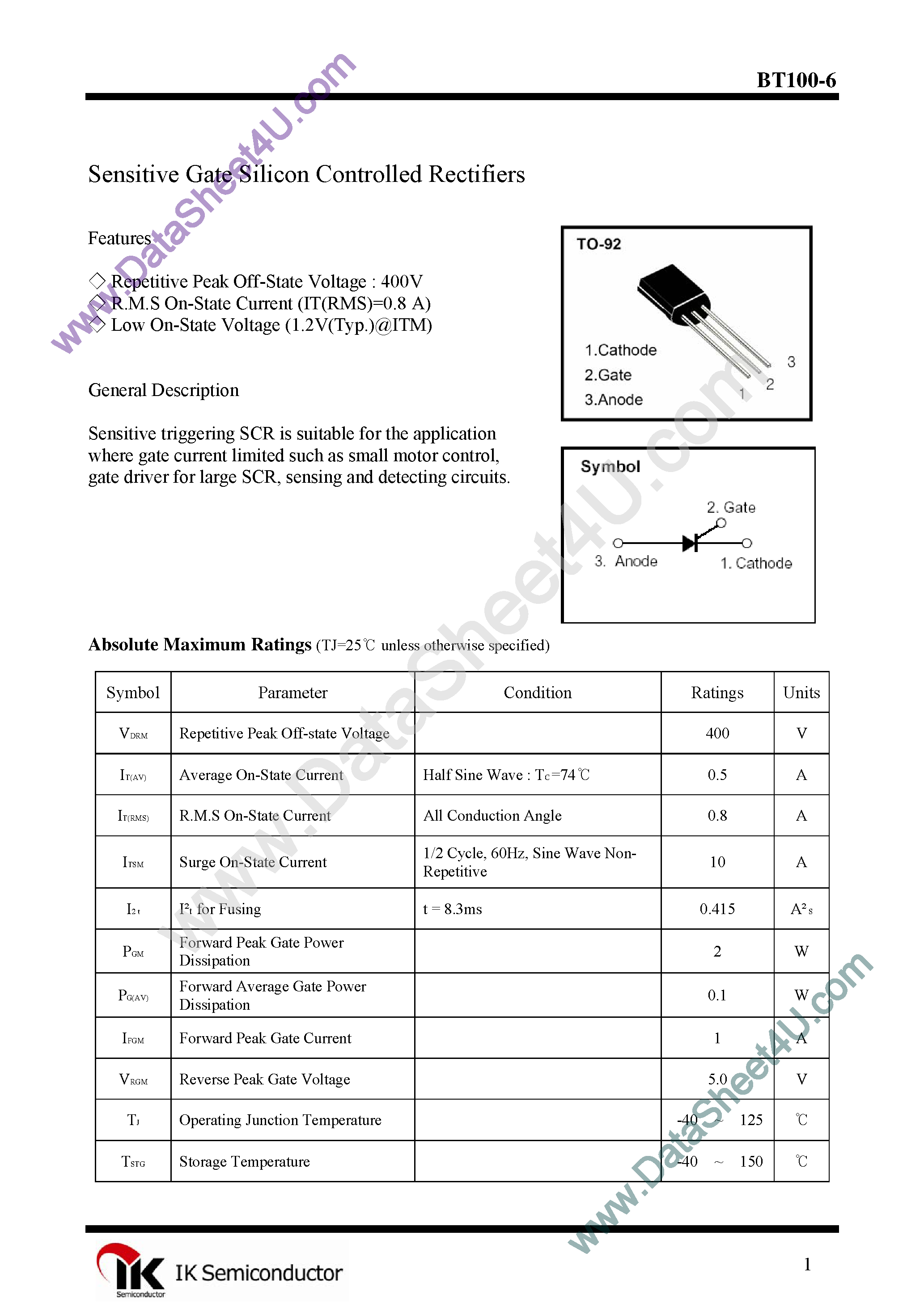 Даташит BT100-6 - Sensitive Gate Silicon Controlled Rectifiers страница 1