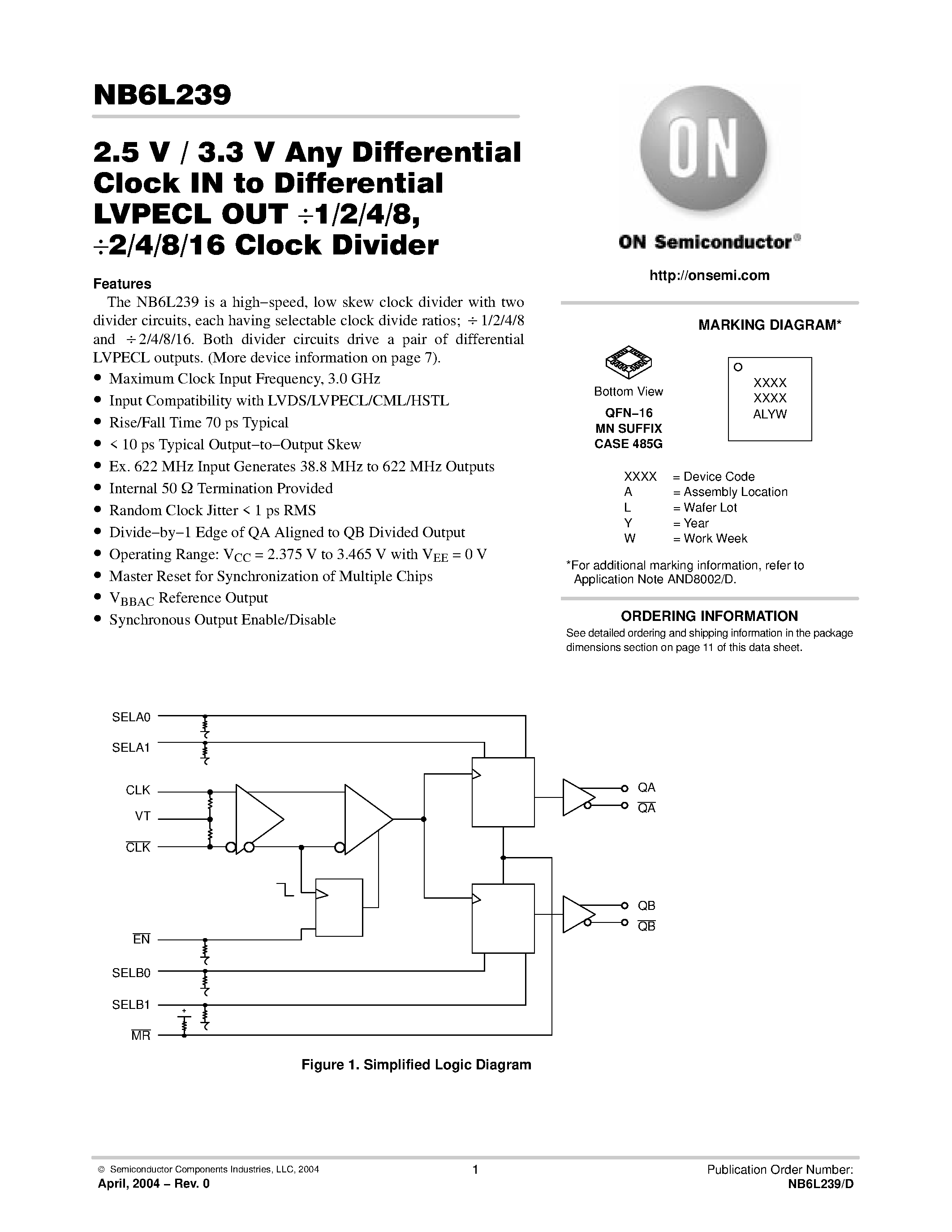 Даташит NB6L239 - 2.5 V / 3.3 V Any Differential Clock IN to Differential страница 1