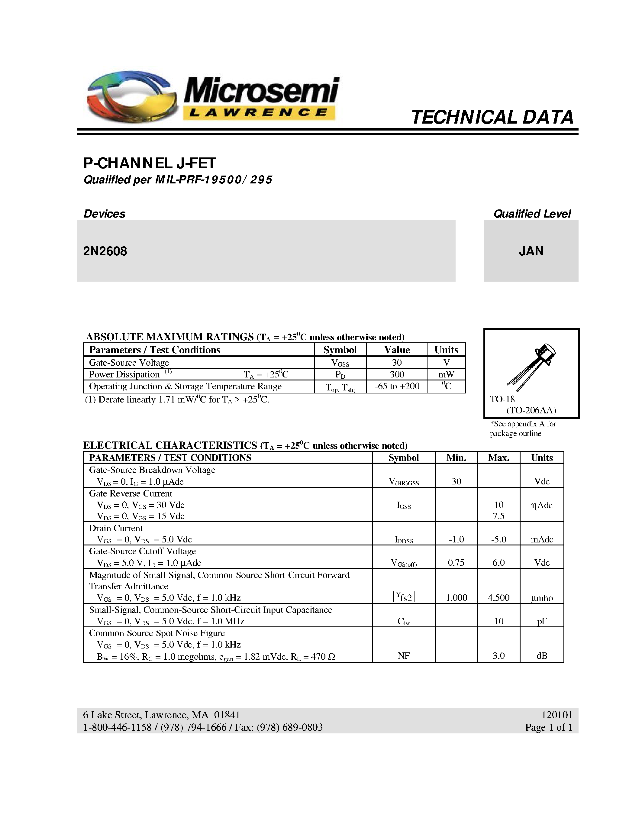 Даташит JAN2N2608 - P-CHANNEL J-FET страница 1