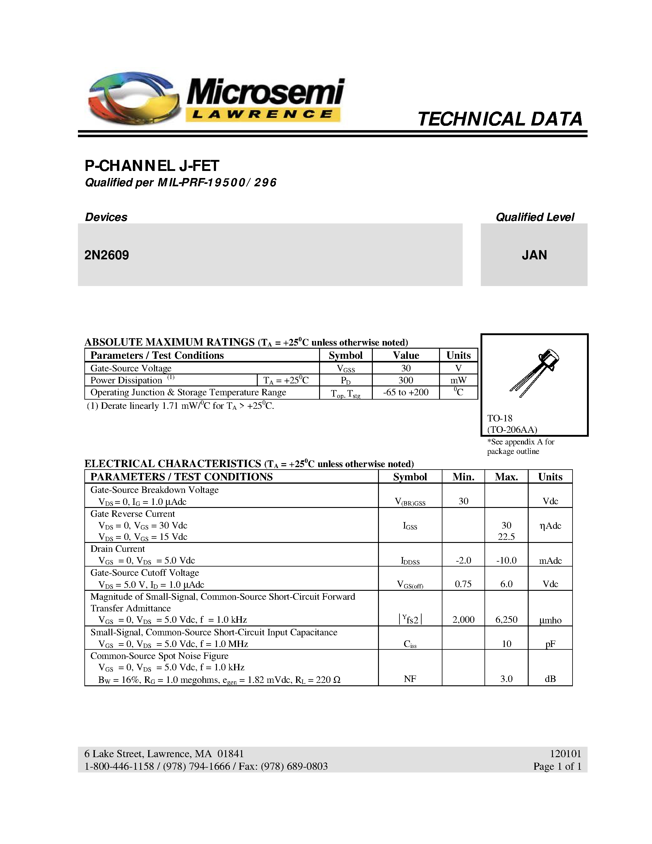 Даташит JAN2N2609 - P-CHANNEL J-FET страница 1