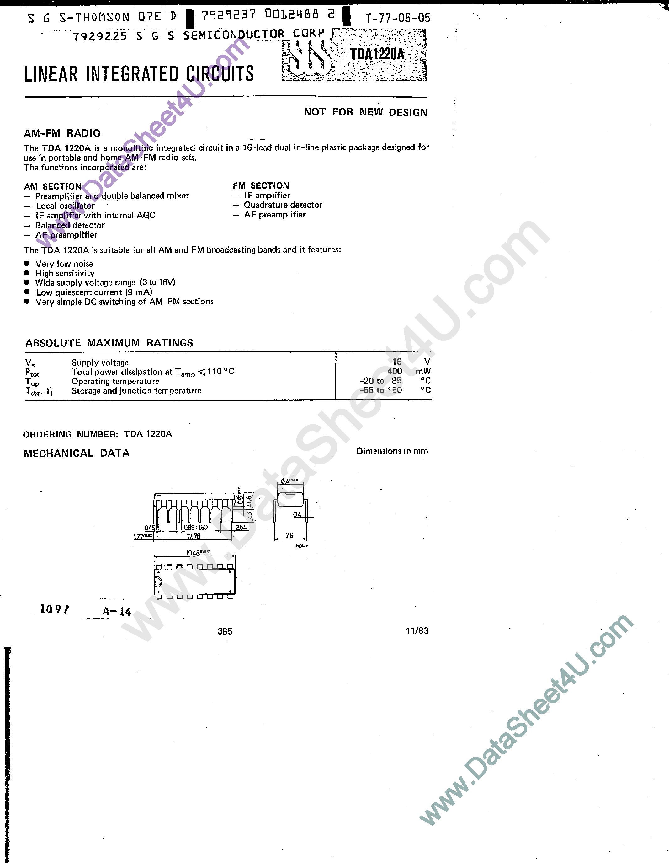 Datasheet TDA1220A - AM-FM QUALITY RADIO page 1