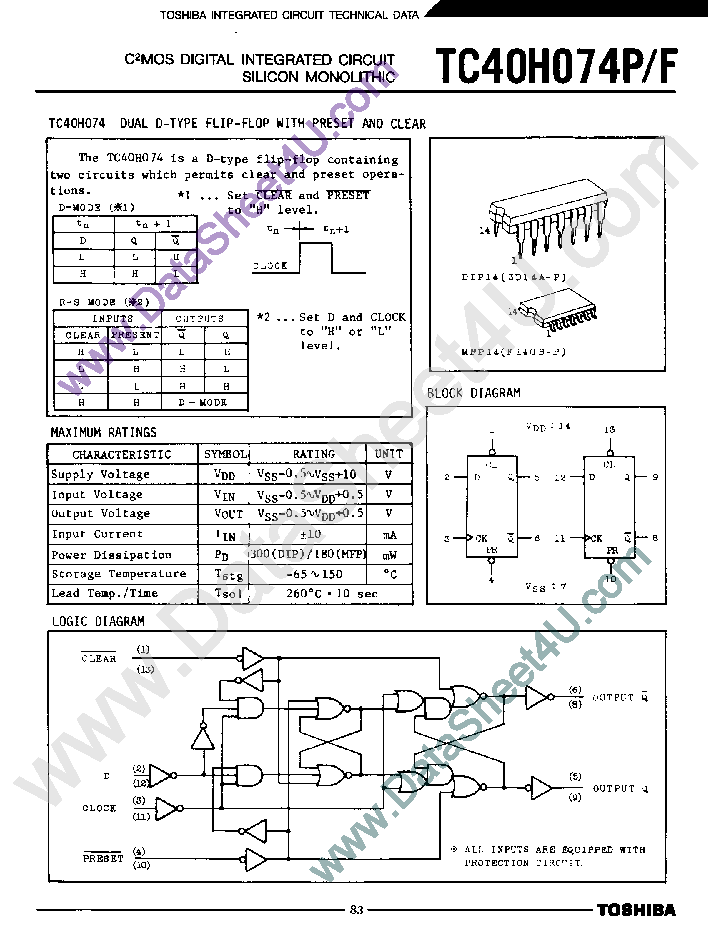 Даташит TC40H074F - Dual D-Type Flip-Flop страница 1