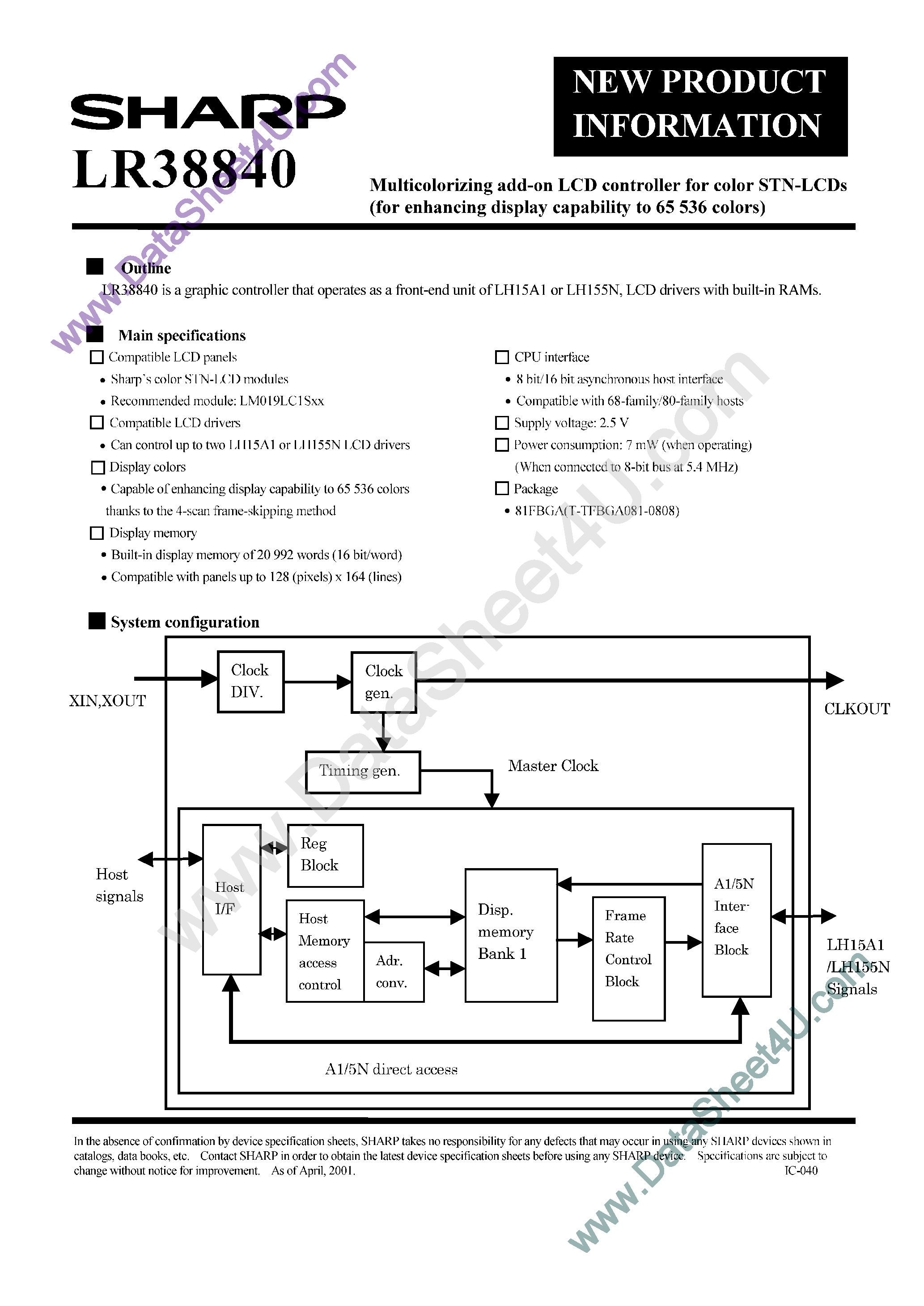 Datasheet LR38840 - Multicolorizing add-on LCD controller for color STN-LCDs page 1