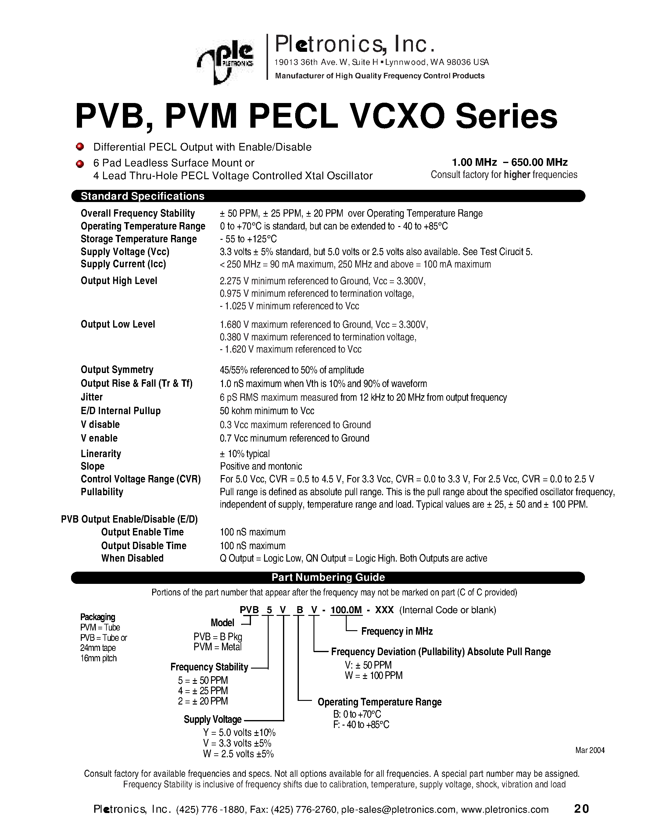 Даташит PVM2VBV - (PVM Series) 6 Pad Leadless Surface Mount or 4 Lead Thru-Hole PECL Voltage Controlled Xtal Oscillator страница 1